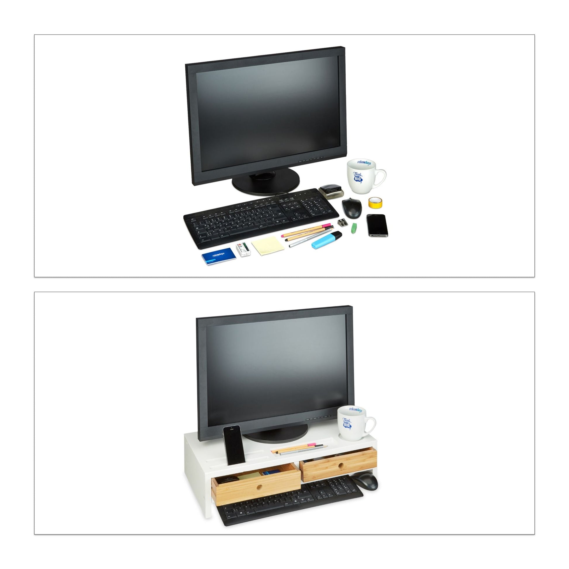 Monitorständer Bambus 2 Schubladen weiss Weiss-Hellbraun von Relaxdays