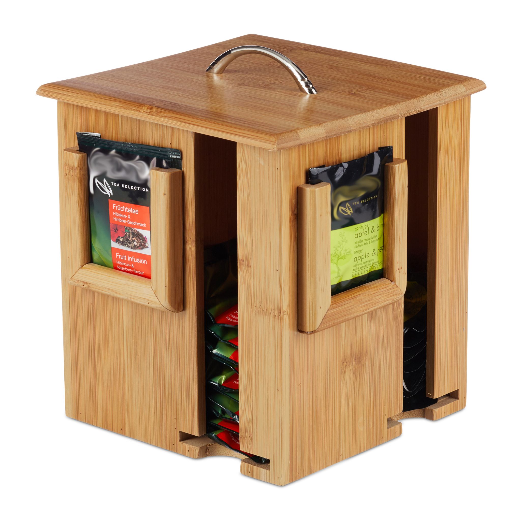 Teebox drehbar Bambus Hellbraun-Silber von Relaxdays