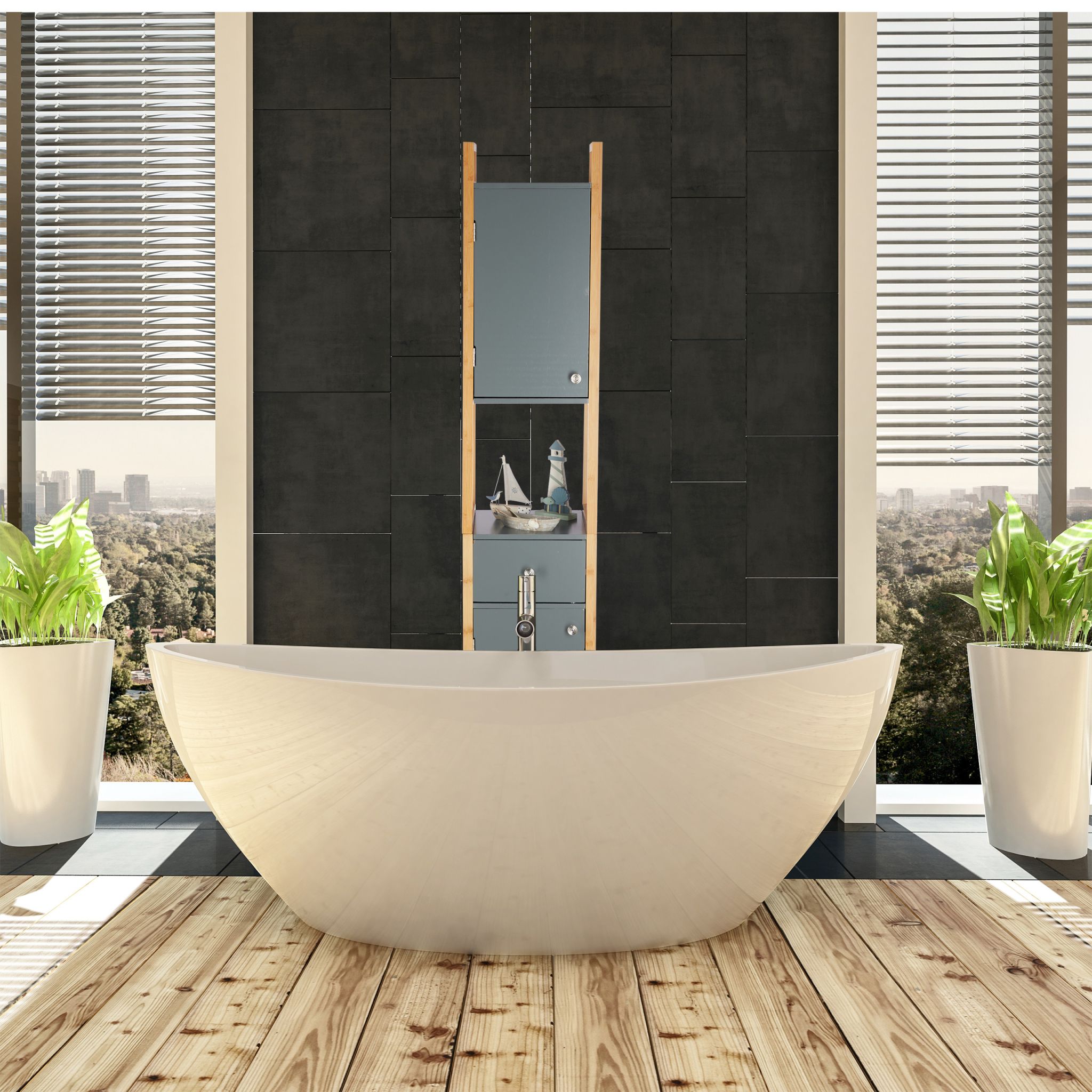 Hochschrank Bad Anthrazit-Weiss-Hellbraun von Relaxdays
