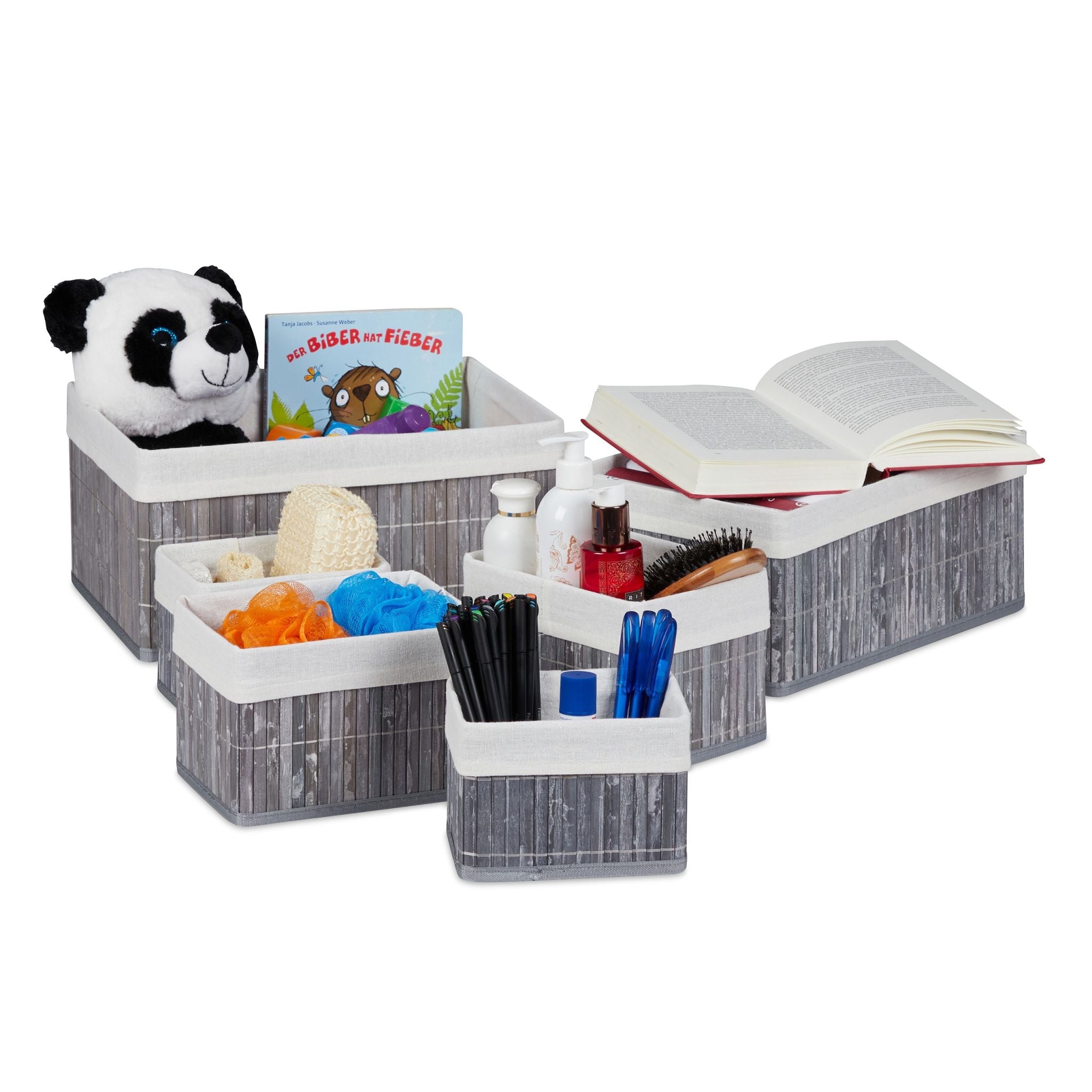 Aufbewahrungskorb Bambus 6er-Set Weiss-Grau von Relaxdays