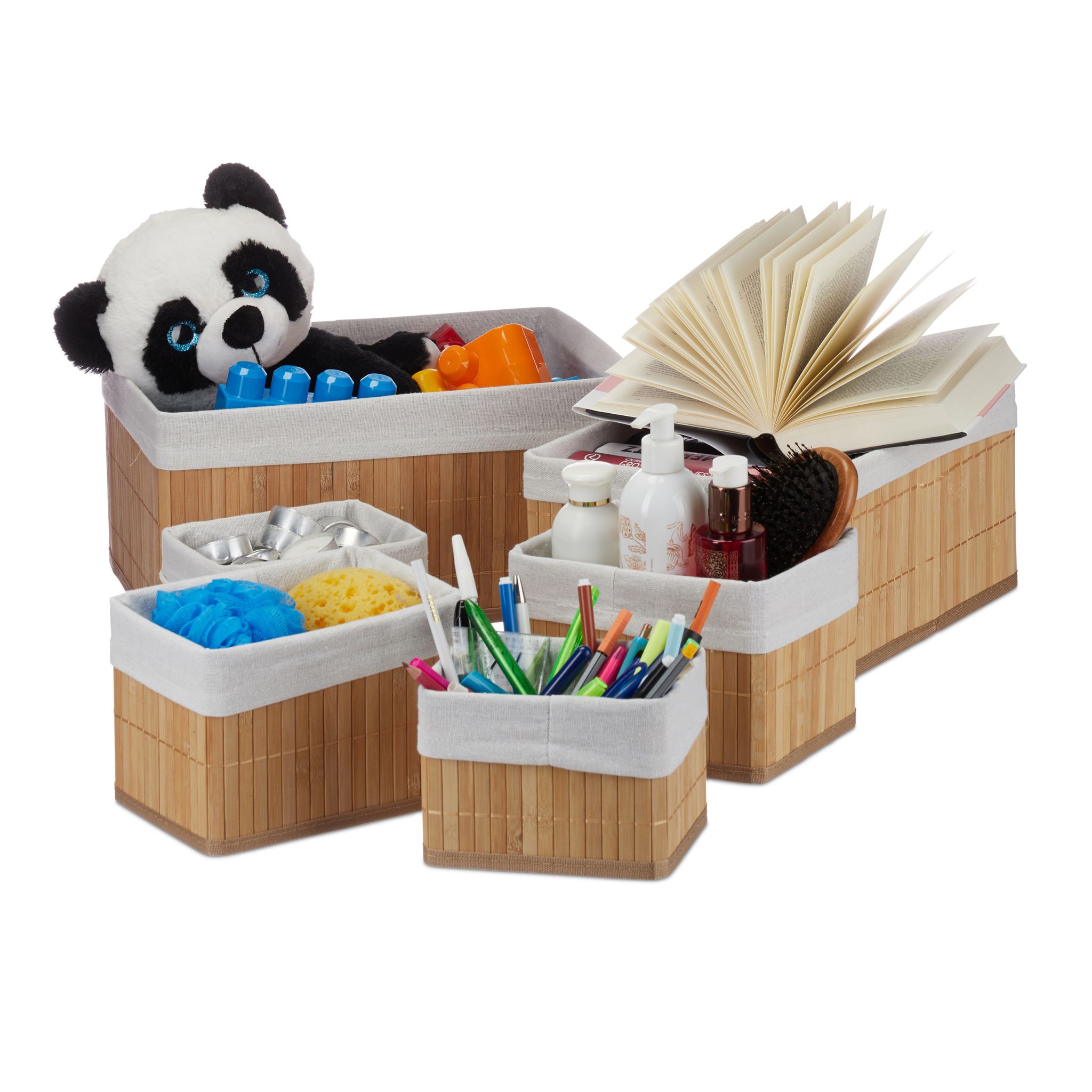 Aufbewahrungskorb Bambus 6er-Set Weiss-Hellbraun von Relaxdays