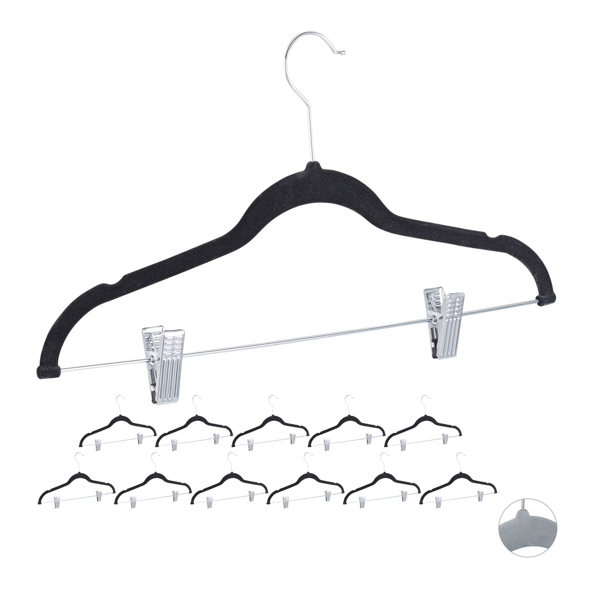 Samtbügel mit Clips 12er-Set Schwarz-Silber von Relaxdays