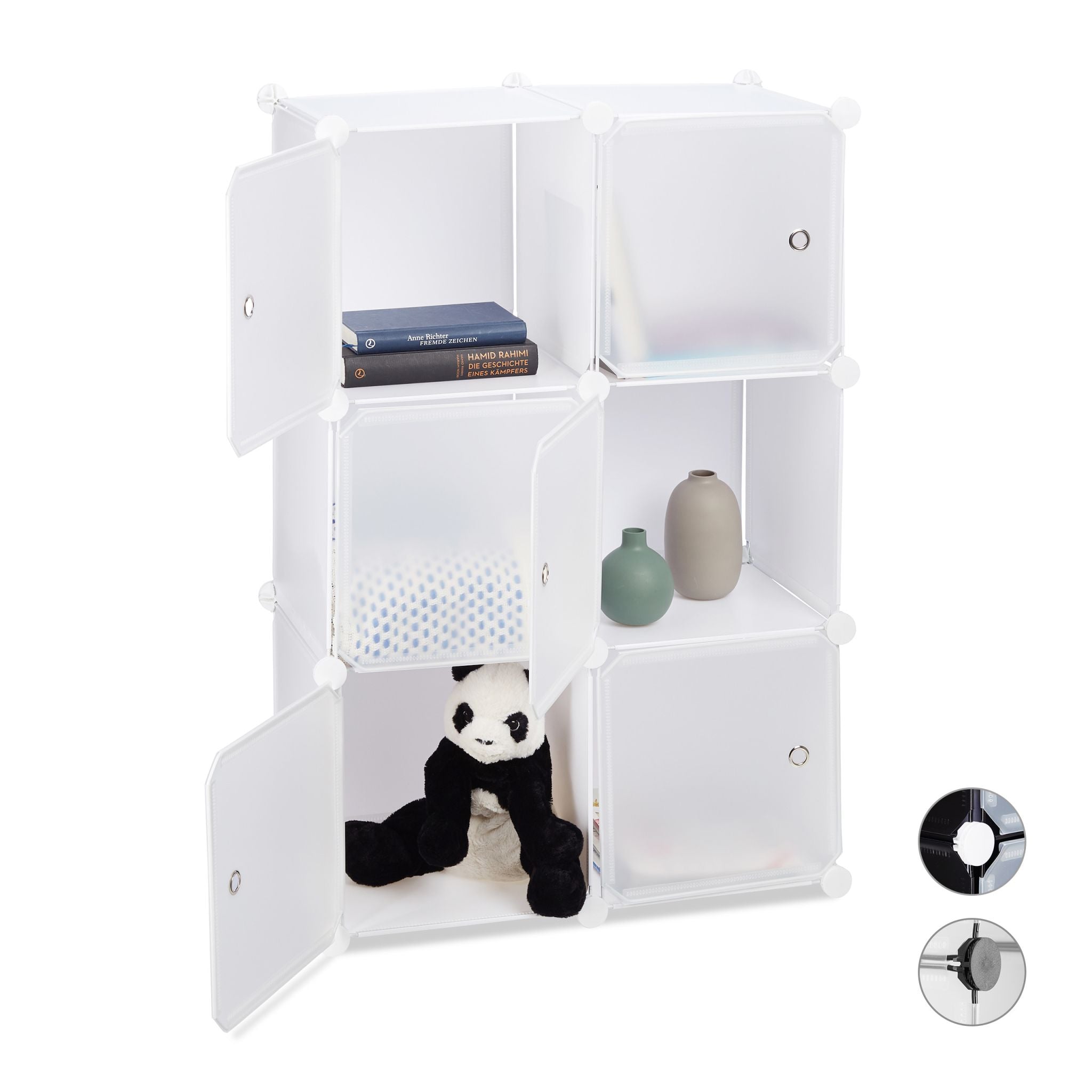 Regalsystem mit 6 Türen Weiss-Silber-Transparent von Relaxdays