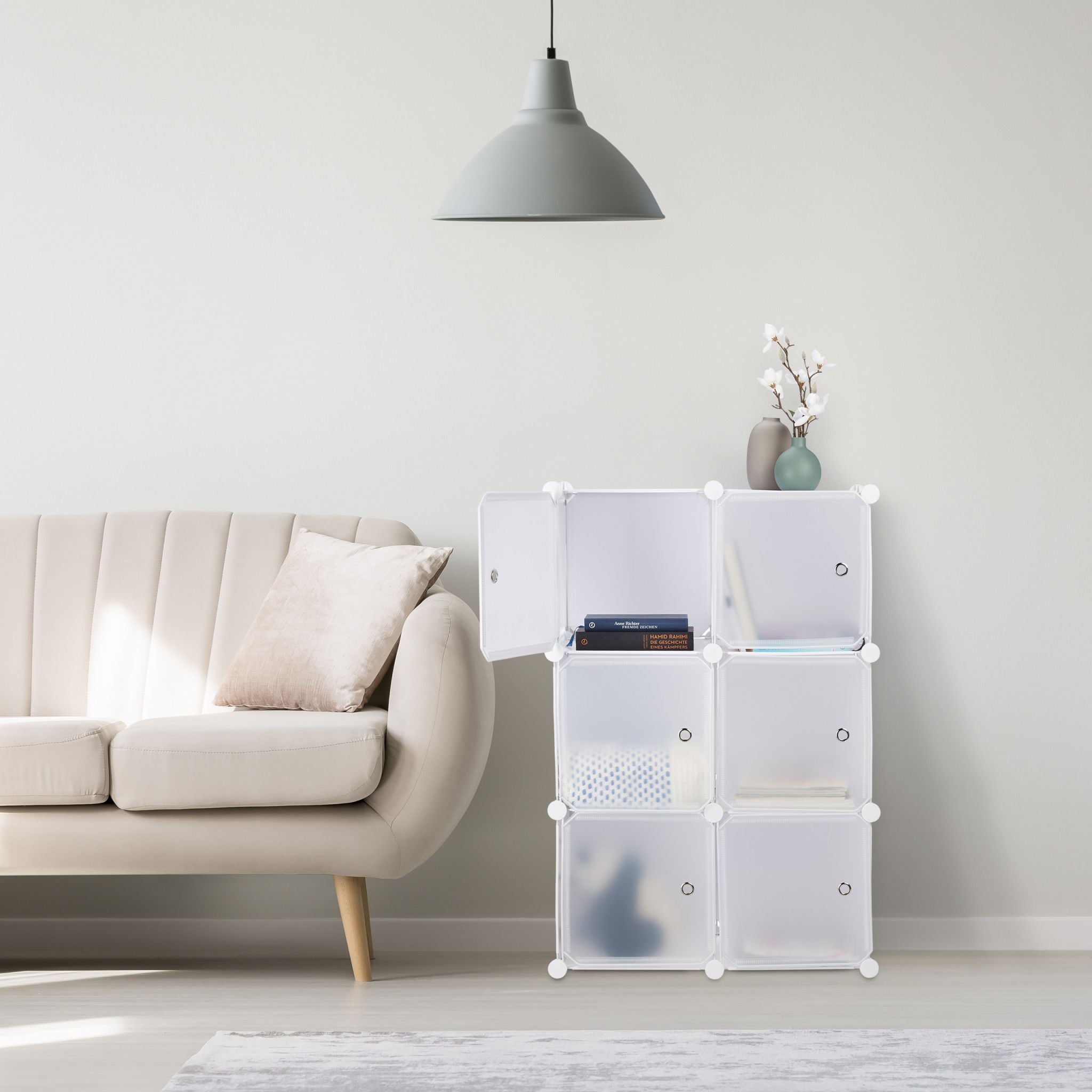 Regalsystem mit 6 Türen Weiss-Silber-Transparent von Relaxdays