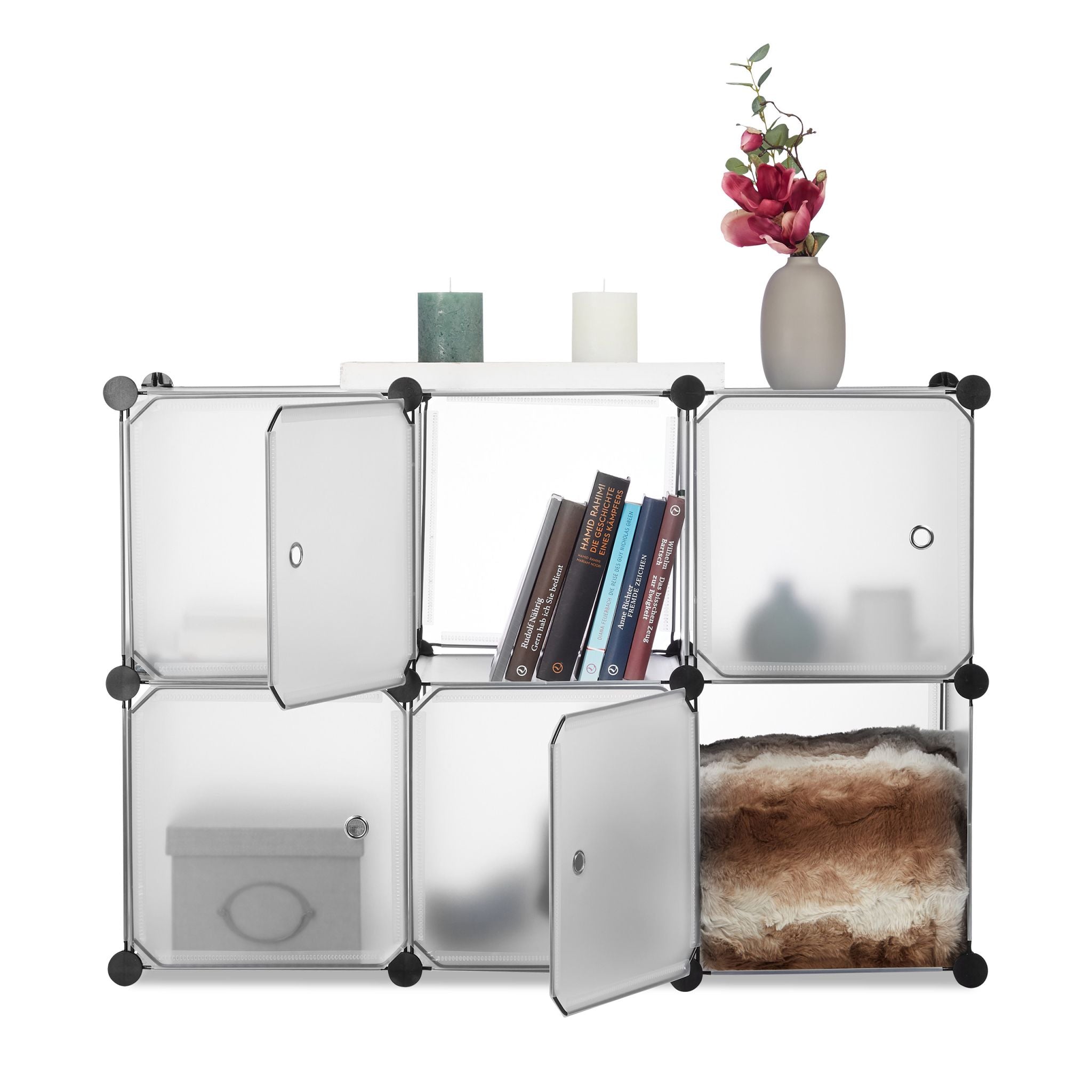 Regalsystem mit 6 Türen Schwarz-Silber-Transparent von Relaxdays