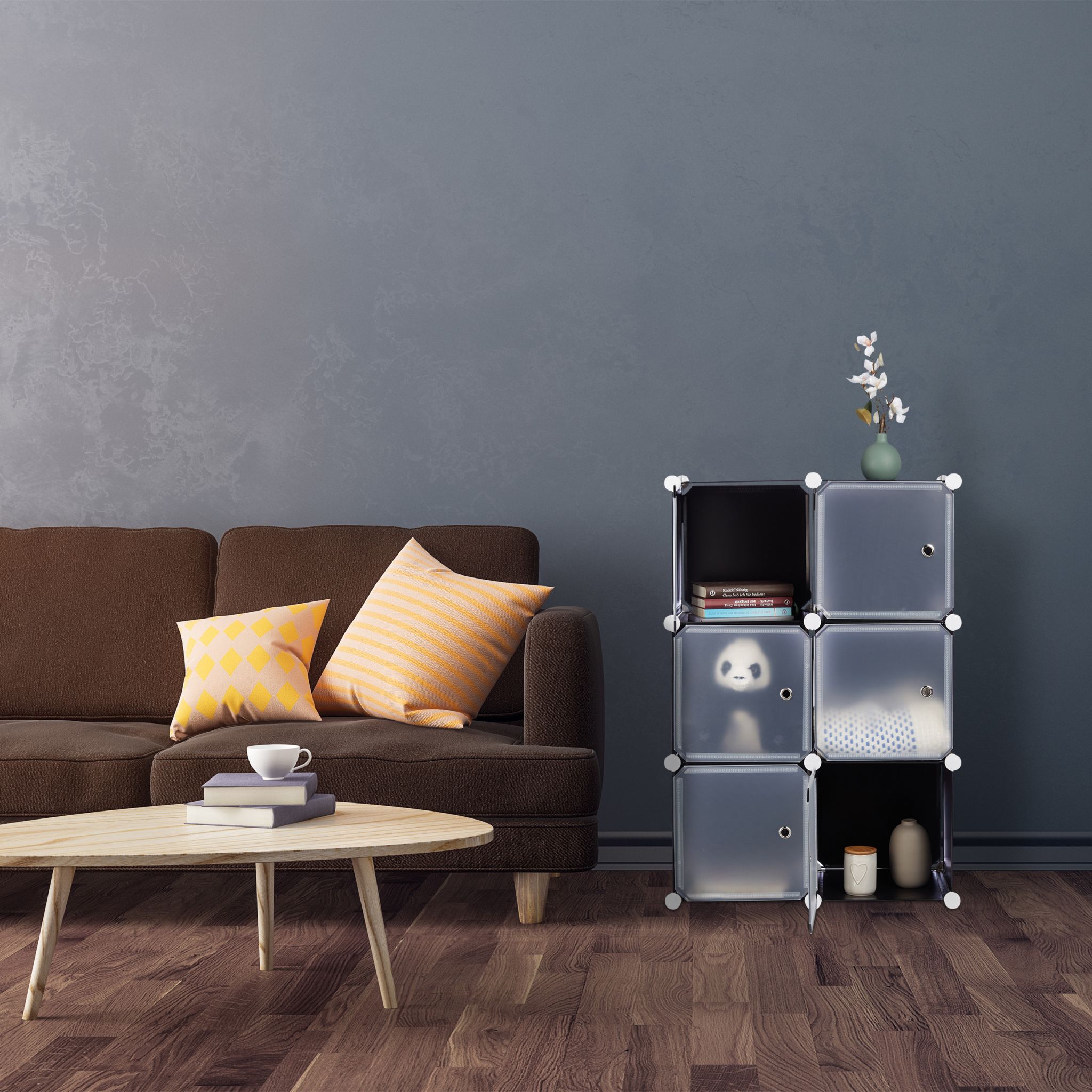 Regalsystem mit 6 Türen Schwarz-Silber-Transparent von Relaxdays
