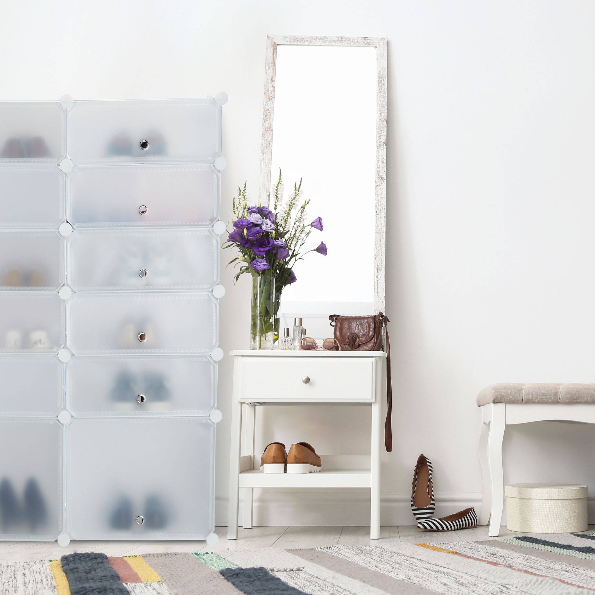 Schuhregal Kunststoff mit 12 Fächern Weiss-Silber-Transparent von Relaxdays
