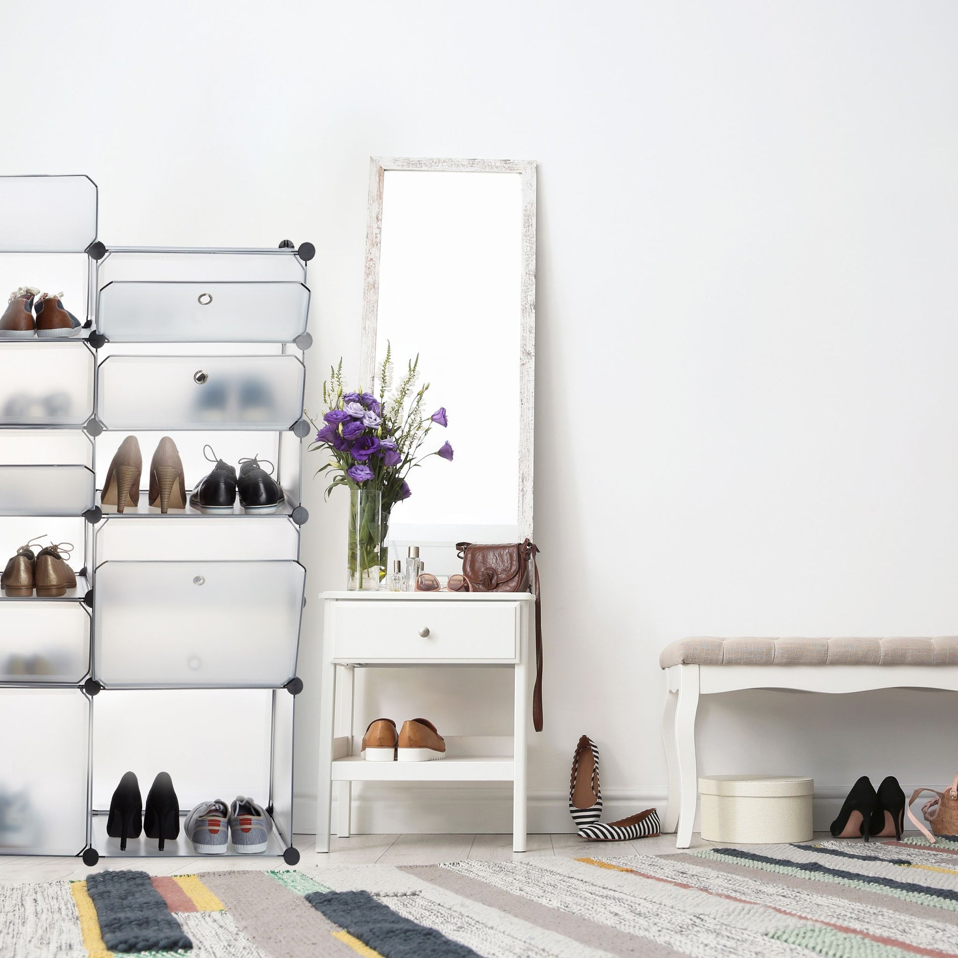 Schuhregal Kunststoff mit 12 Fächern Schwarz-Silber-Transparent von Relaxdays