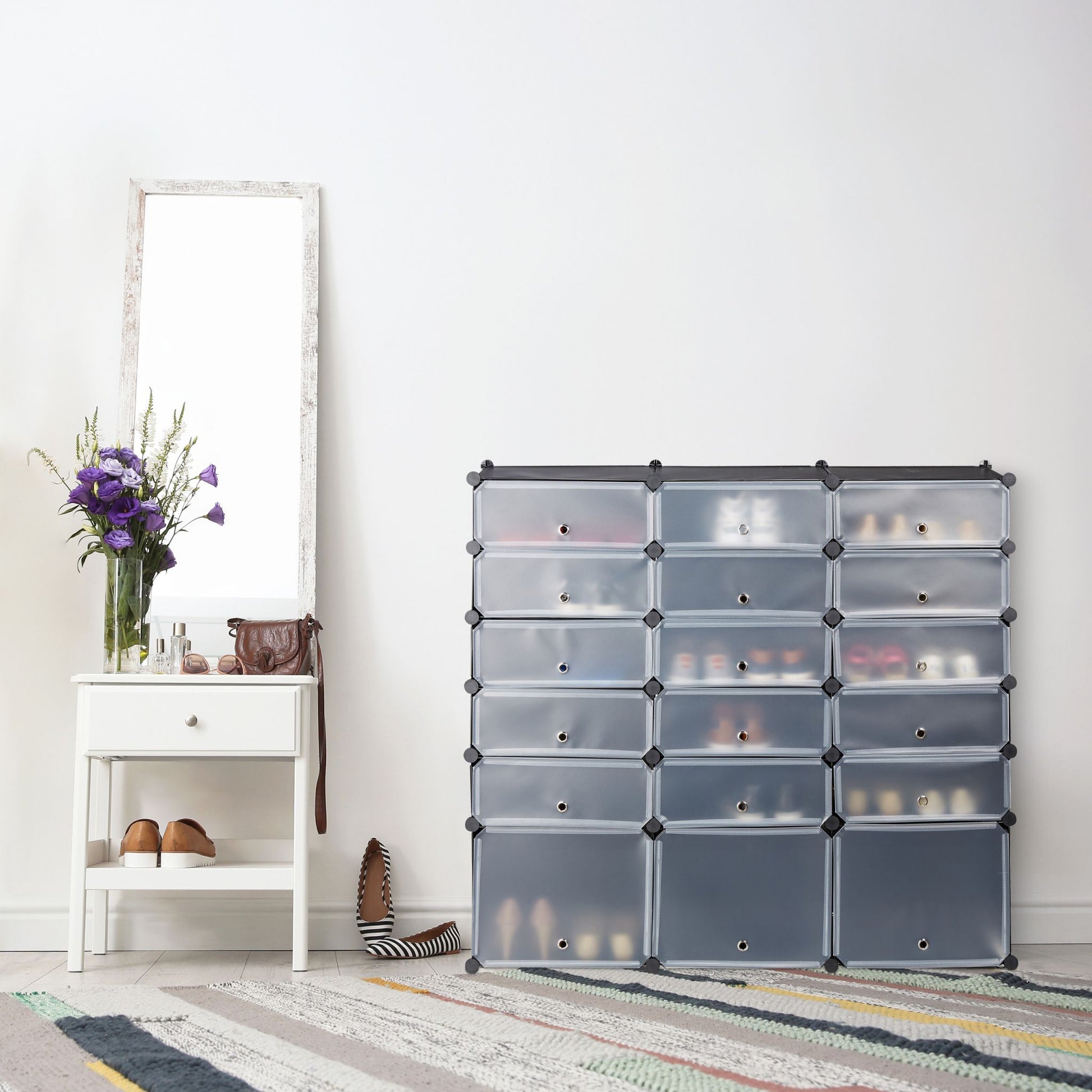 Schuhregal Kunststoff mit 18 Fächern Schwarz-Silber-Transparent von Relaxdays