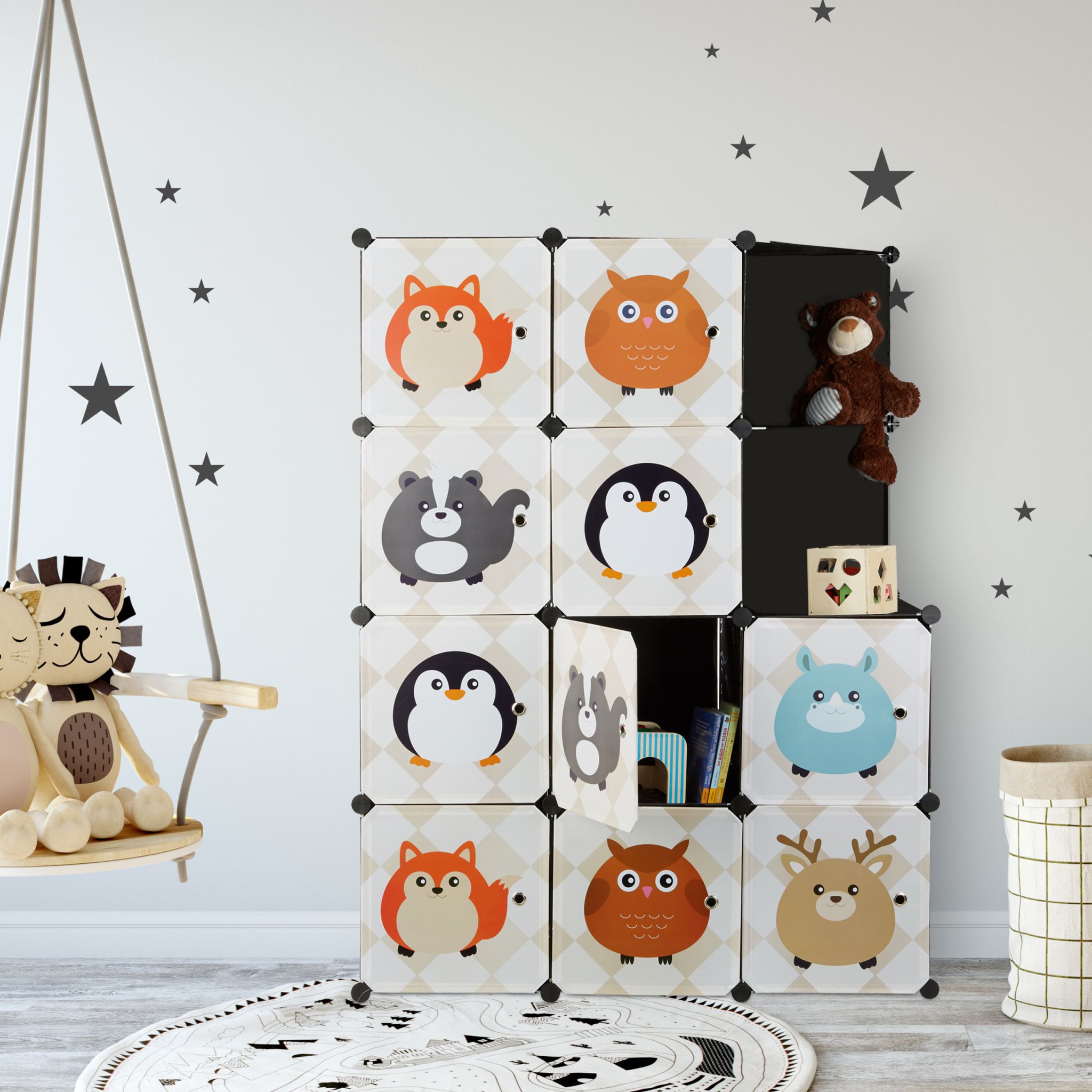 Steckregal Kinderzimmer mit Tiermotiven Beige-Weiss-Schwarz von Relaxdays