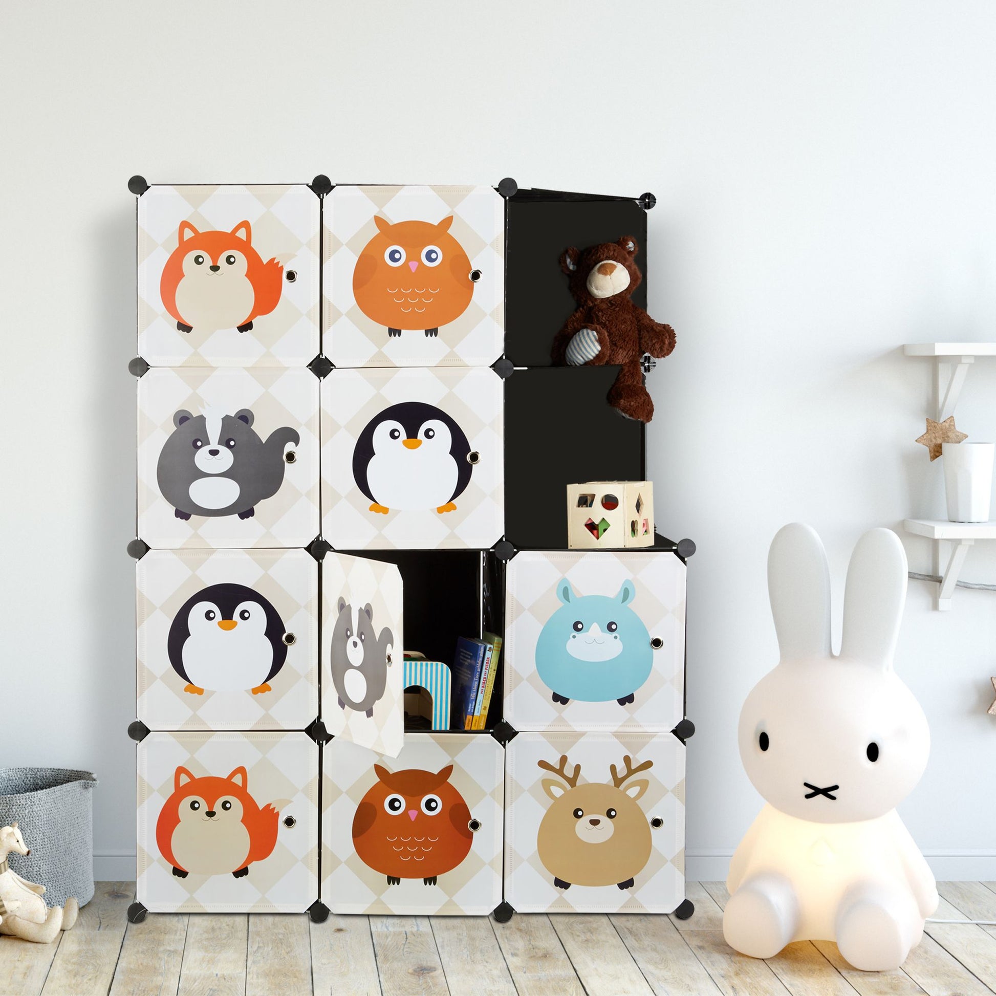 Steckregal Kinderzimmer mit Tiermotiven Beige-Weiss-Schwarz von Relaxdays