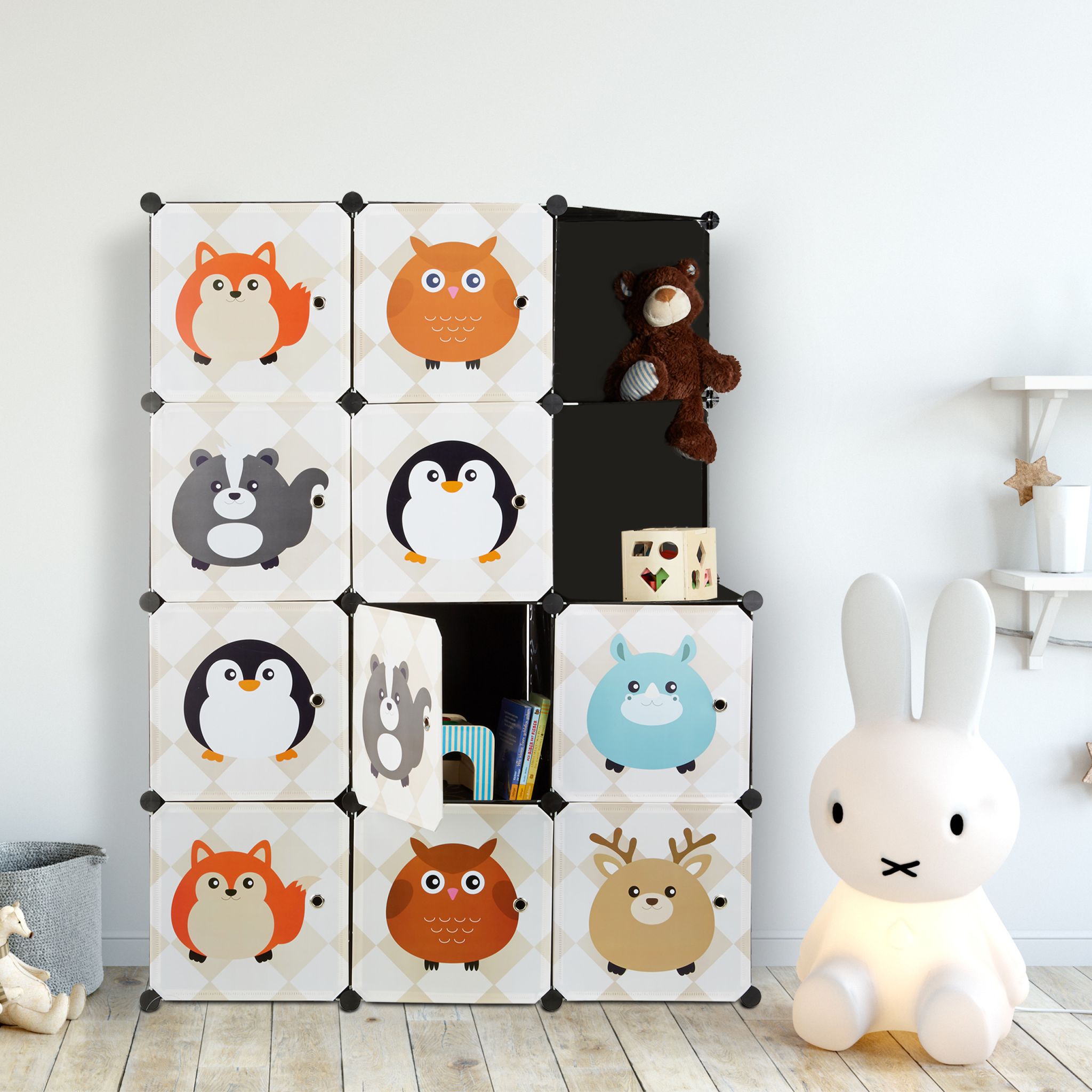Steckregal Kinderzimmer mit Tiermotiven Beige-Weiss-Schwarz von Relaxdays