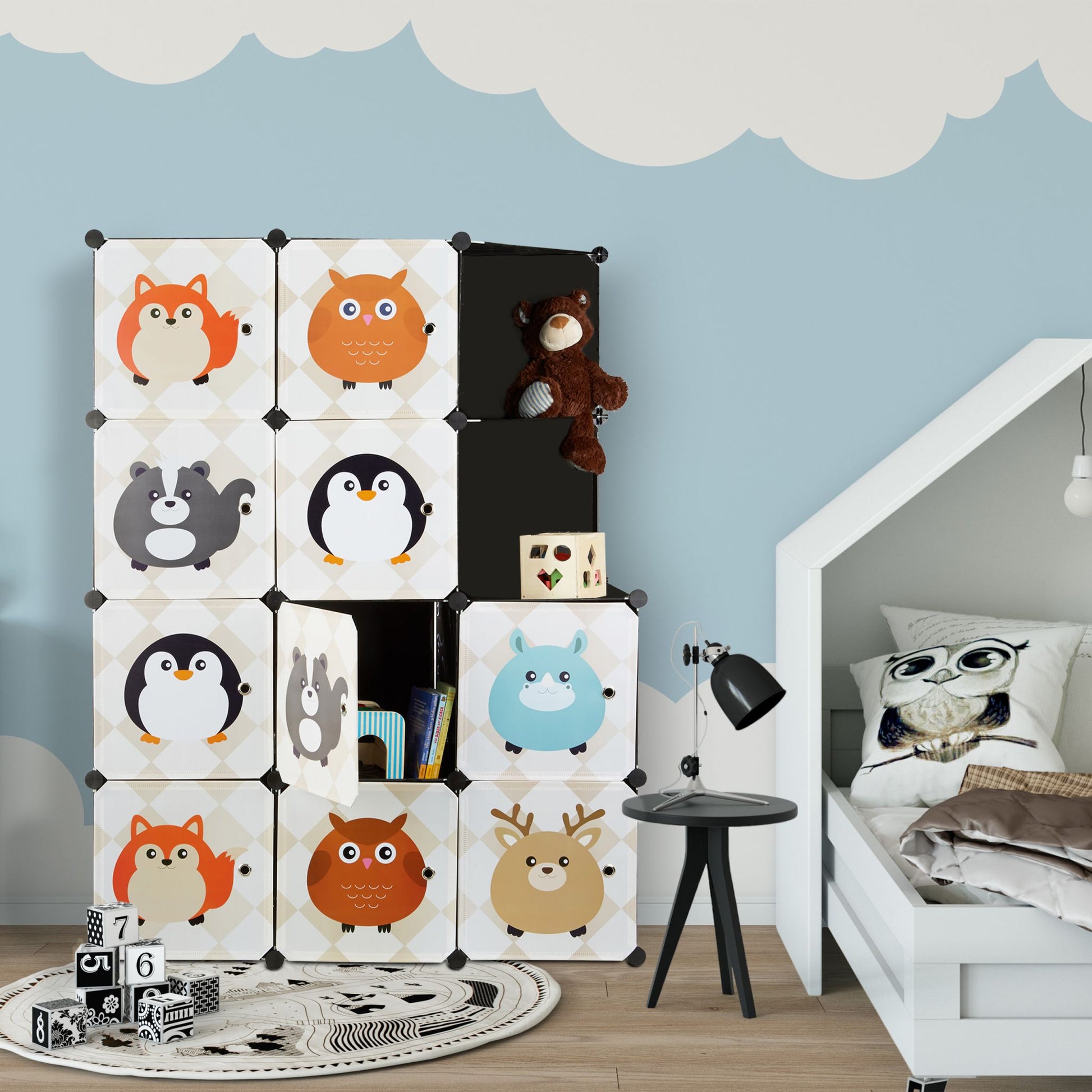 Steckregal Kinderzimmer mit Tiermotiven Beige-Weiss-Schwarz von Relaxdays