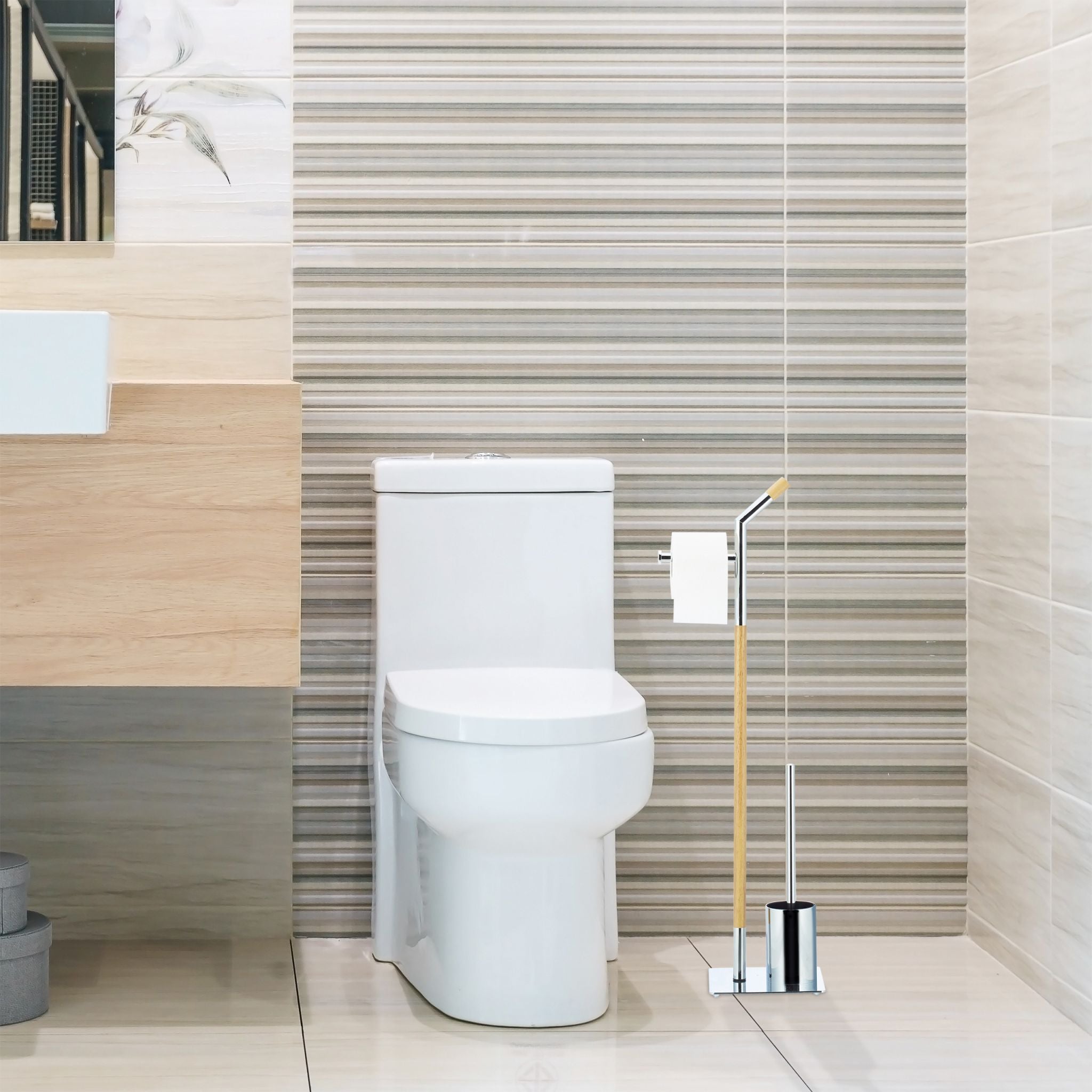Stand WC Garnitur Holz & Chrom Hellbraun-Silber von Relaxdays