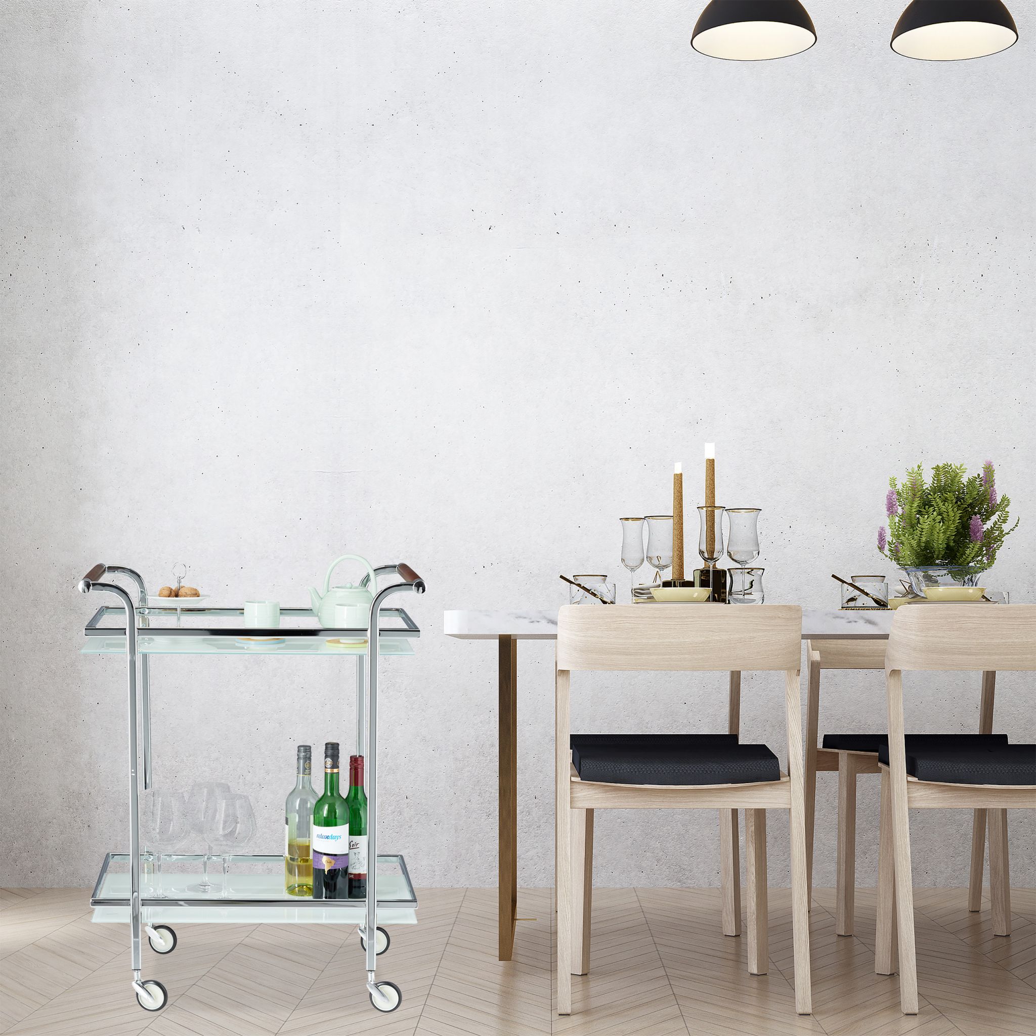 Servierwagen Milchglas Weiss-Silber