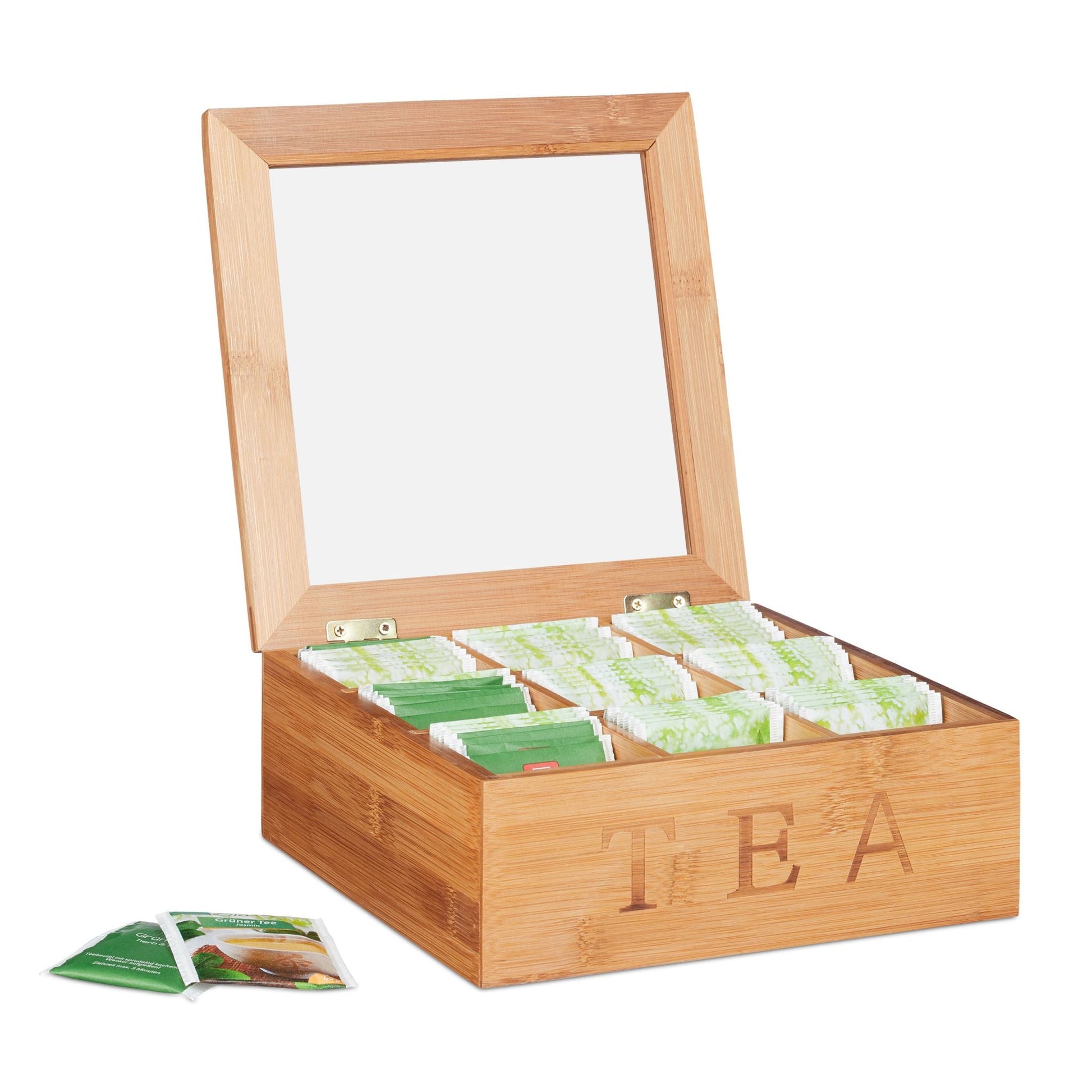 Teebox Bambus 9 Fächer Hellbraun-Transparent von Relaxdays