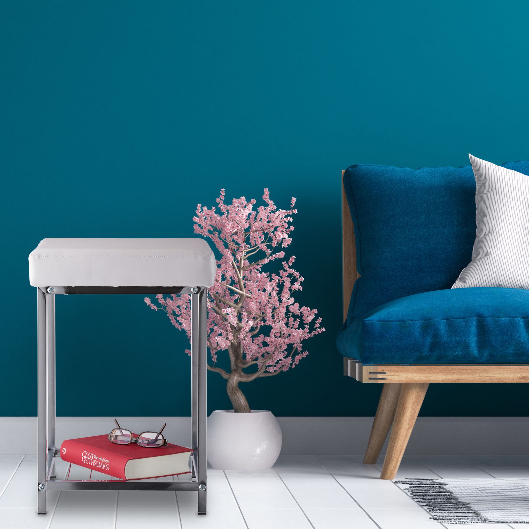 Gepolsterter Hocker mit Ablage Weiss Weiss-Silber von Relaxdays