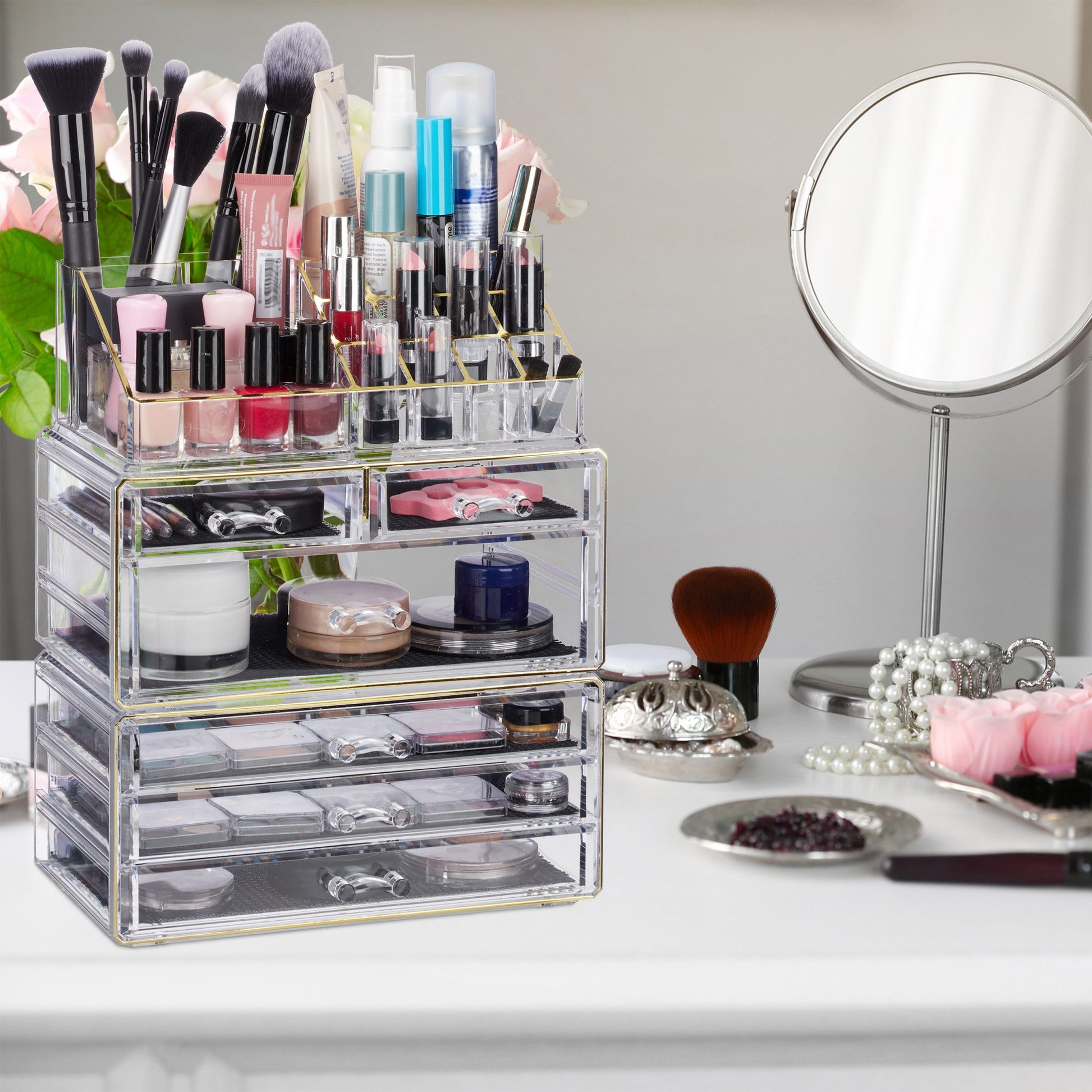 Kosmetikorganizer mit 6 Schubladen Gold-Schwarz-Transparent von Relaxdays