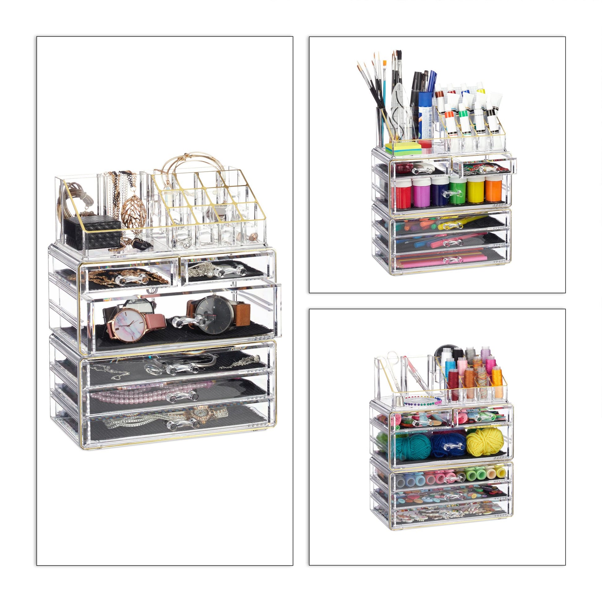 Kosmetikorganizer mit 6 Schubladen Gold-Schwarz-Transparent von Relaxdays