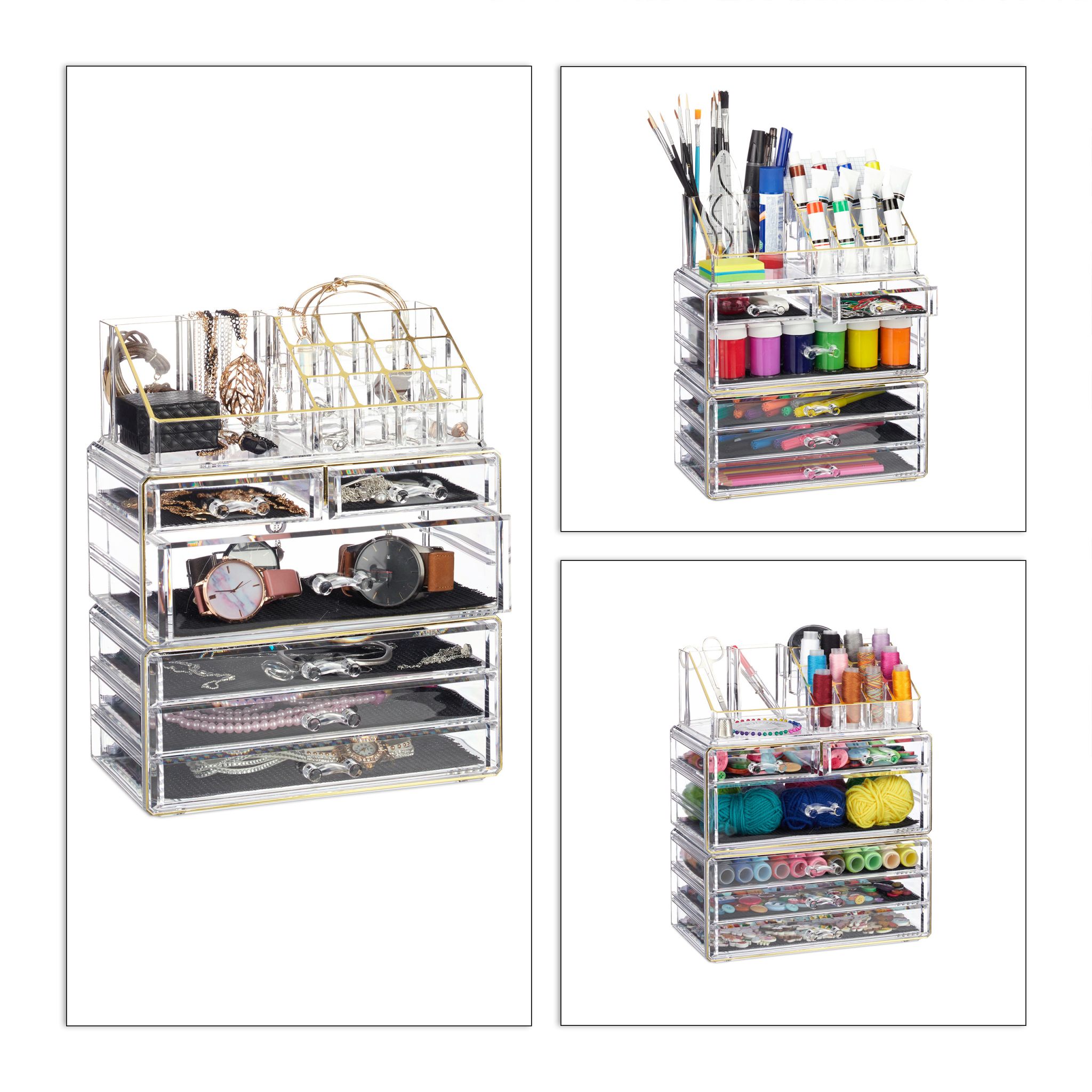 Kosmetikorganizer mit 6 Schubladen Gold-Schwarz-Transparent von Relaxdays