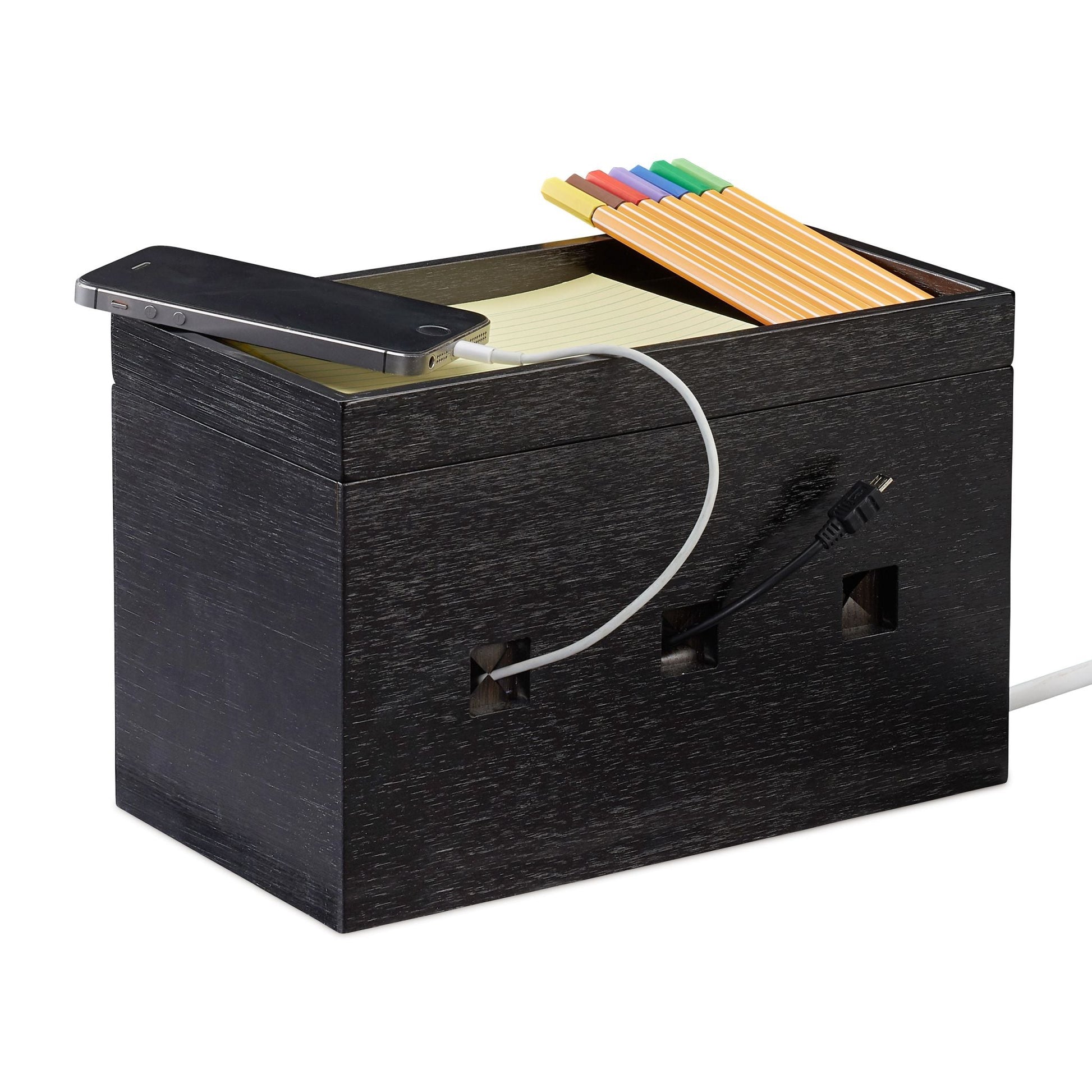 Kabelbox Bambus schwarz Schwarz von Relaxdays