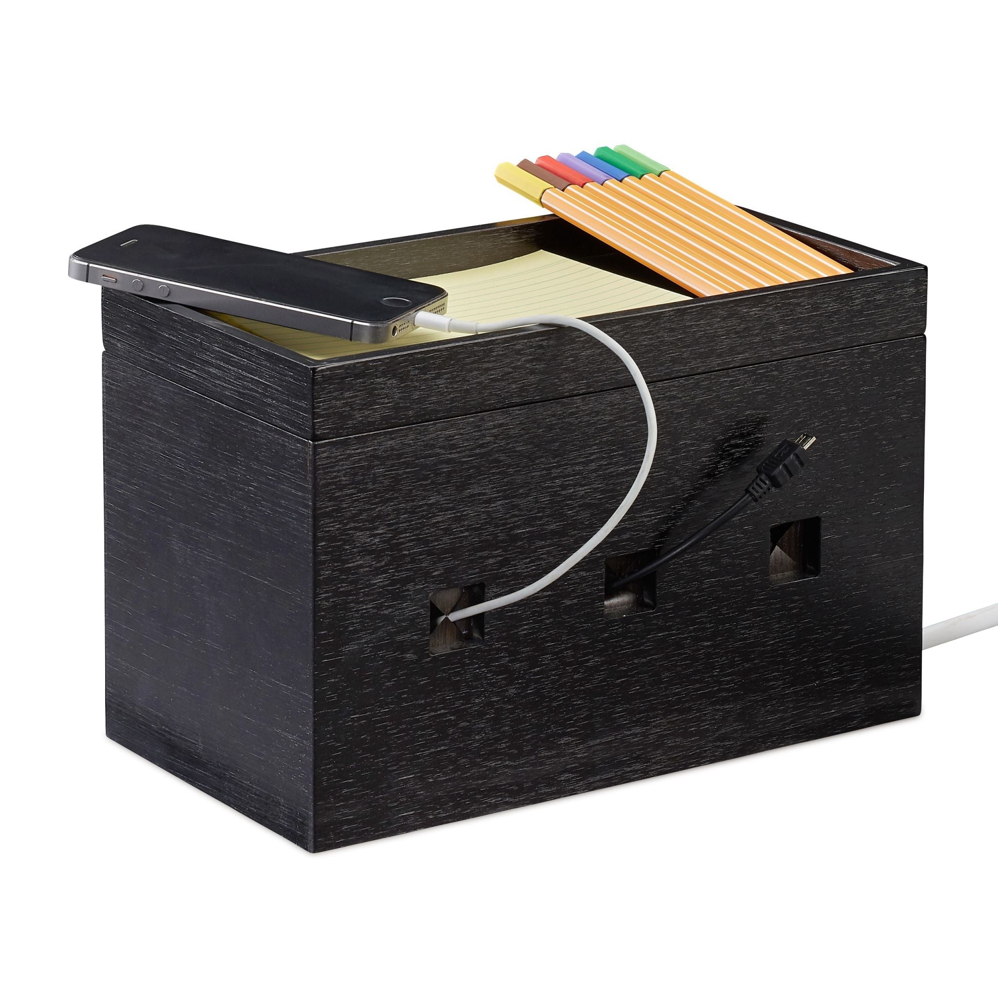 Kabelbox Bambus schwarz Schwarz von Relaxdays