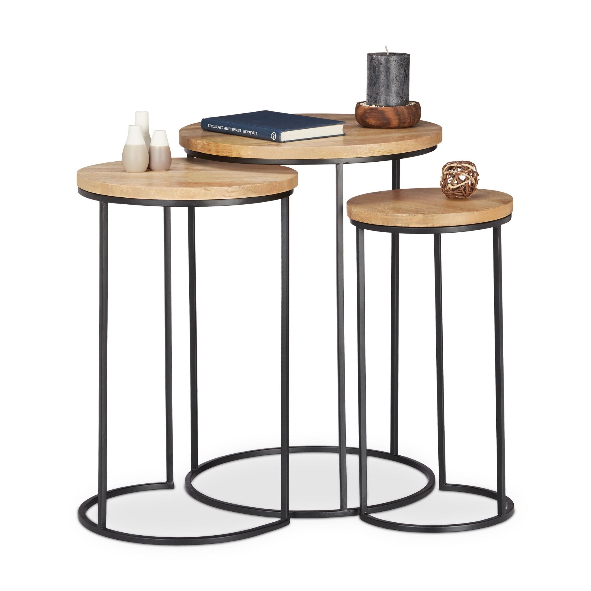 Beistelltisch 3er-Set Mangoholz Hellbraun-Schwarz von Relaxdays