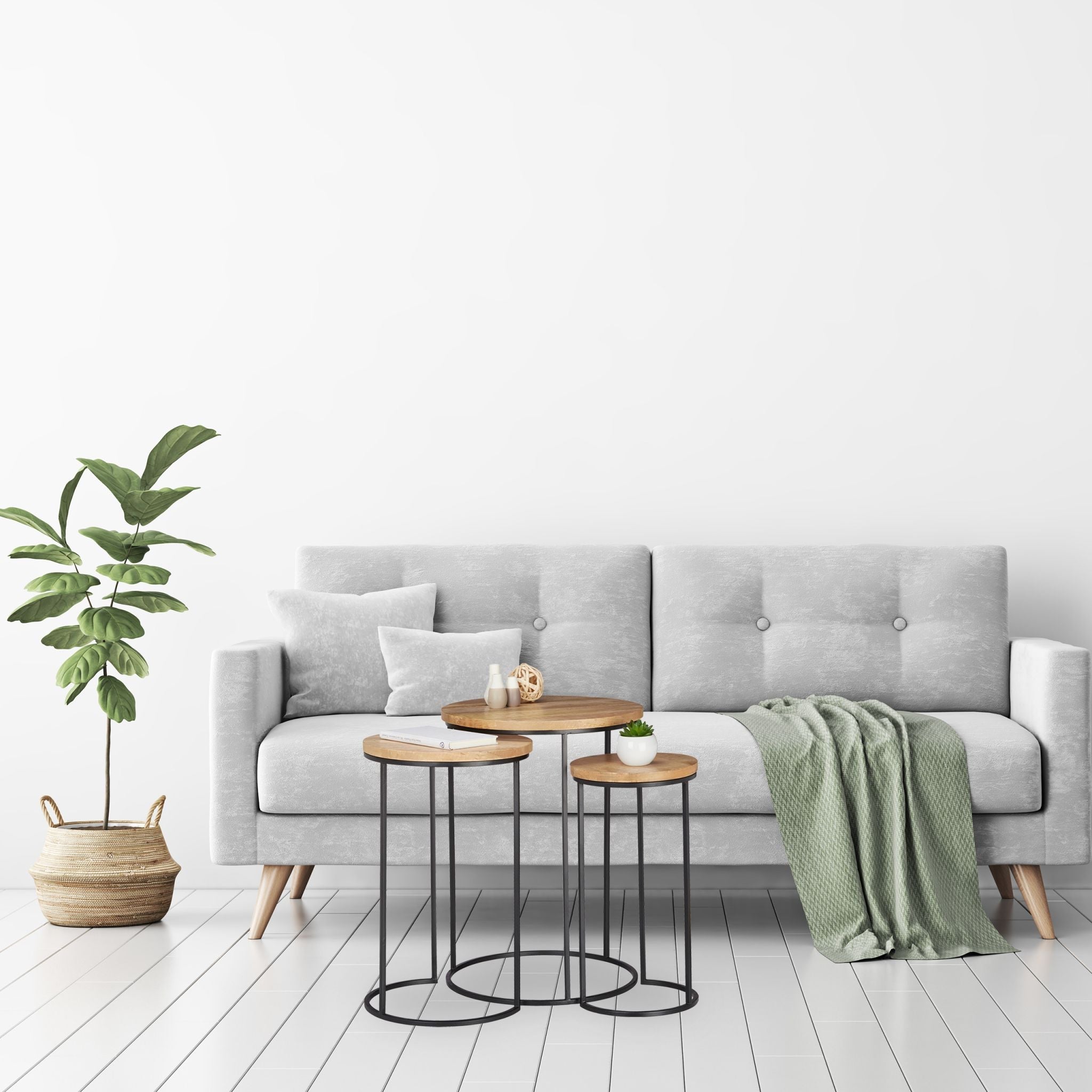 Beistelltisch 3er-Set Mangoholz Hellbraun-Schwarz von Relaxdays