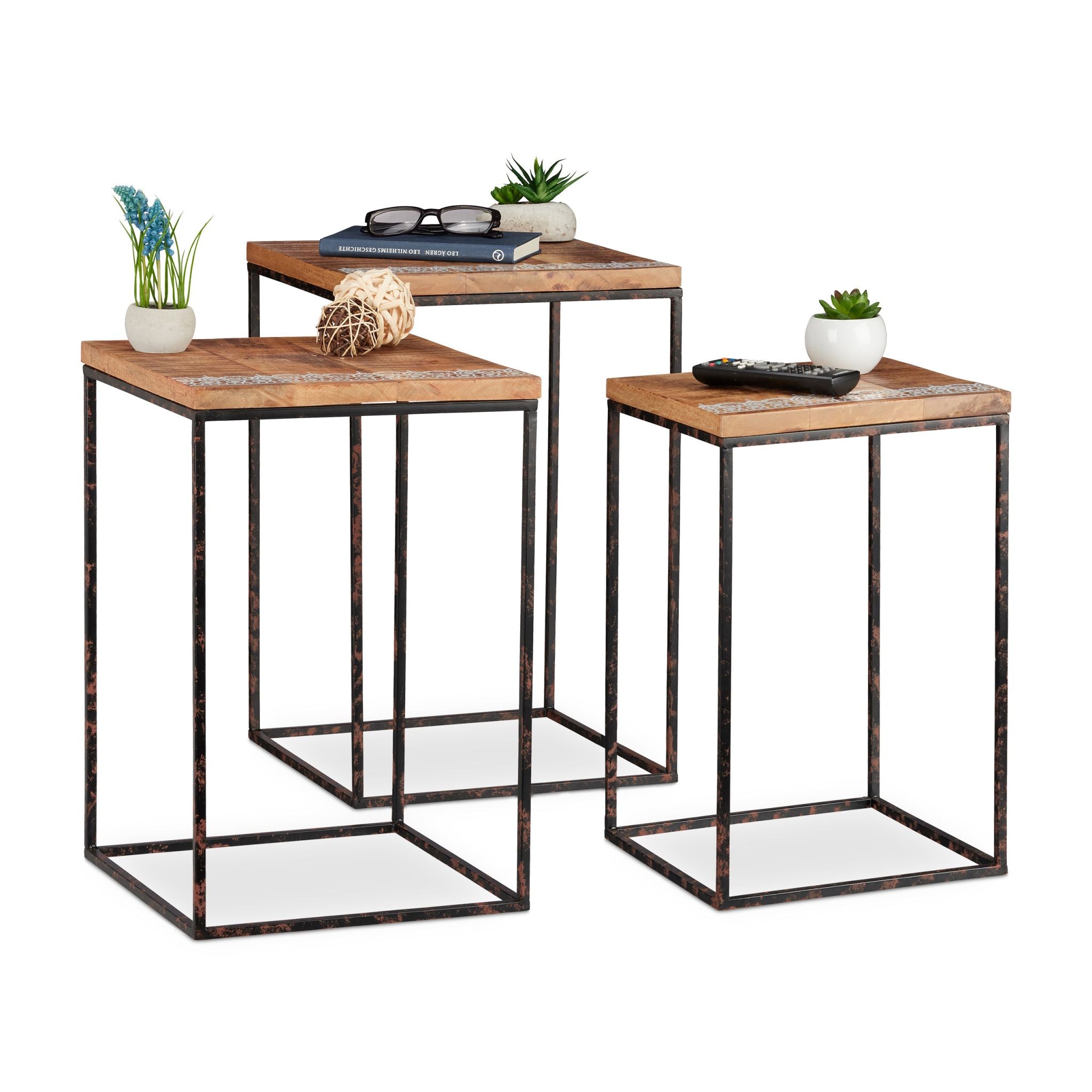 Beistelltisch 3er-Set Mangoholz Braun-Hellbraun-Schwarz von Relaxdays