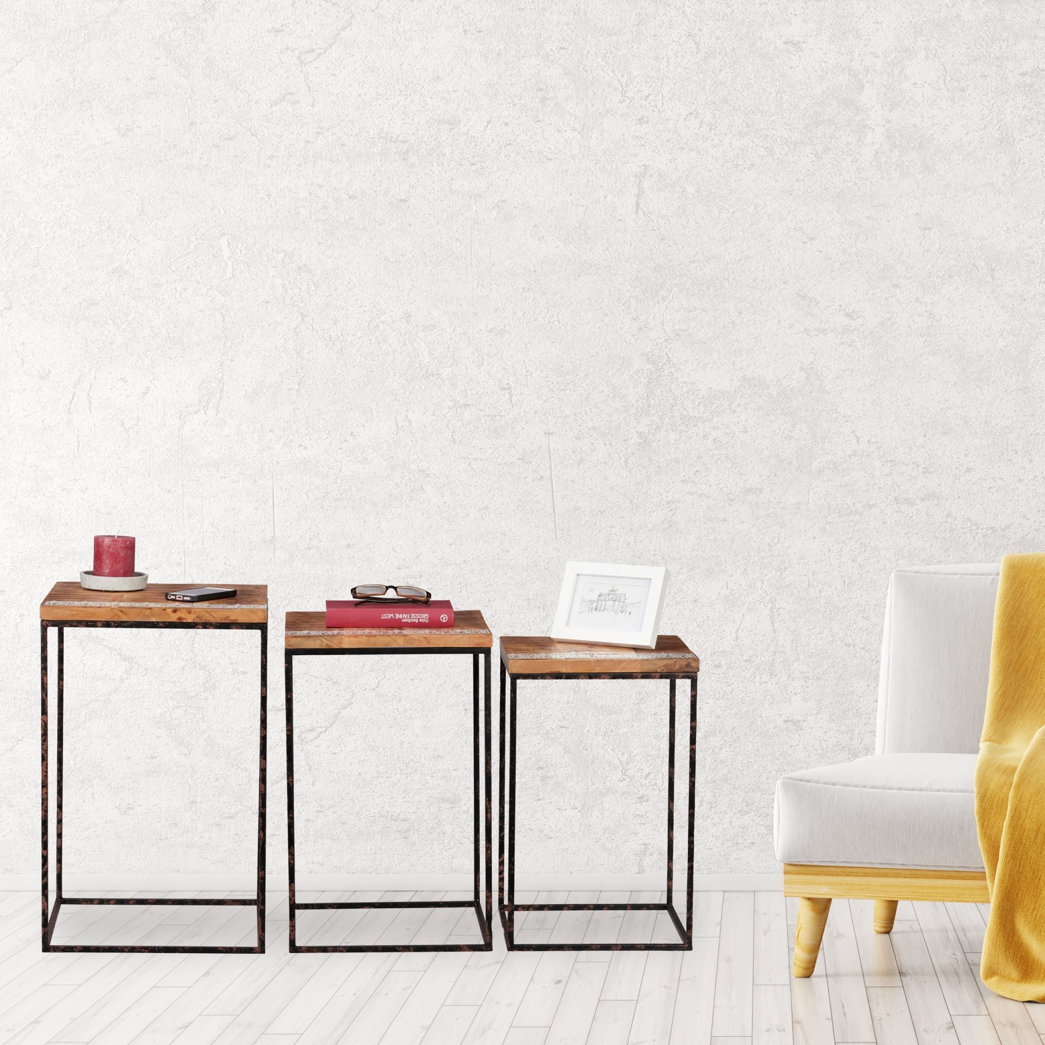 Beistelltisch 3er-Set Mangoholz Braun-Hellbraun-Schwarz von Relaxdays
