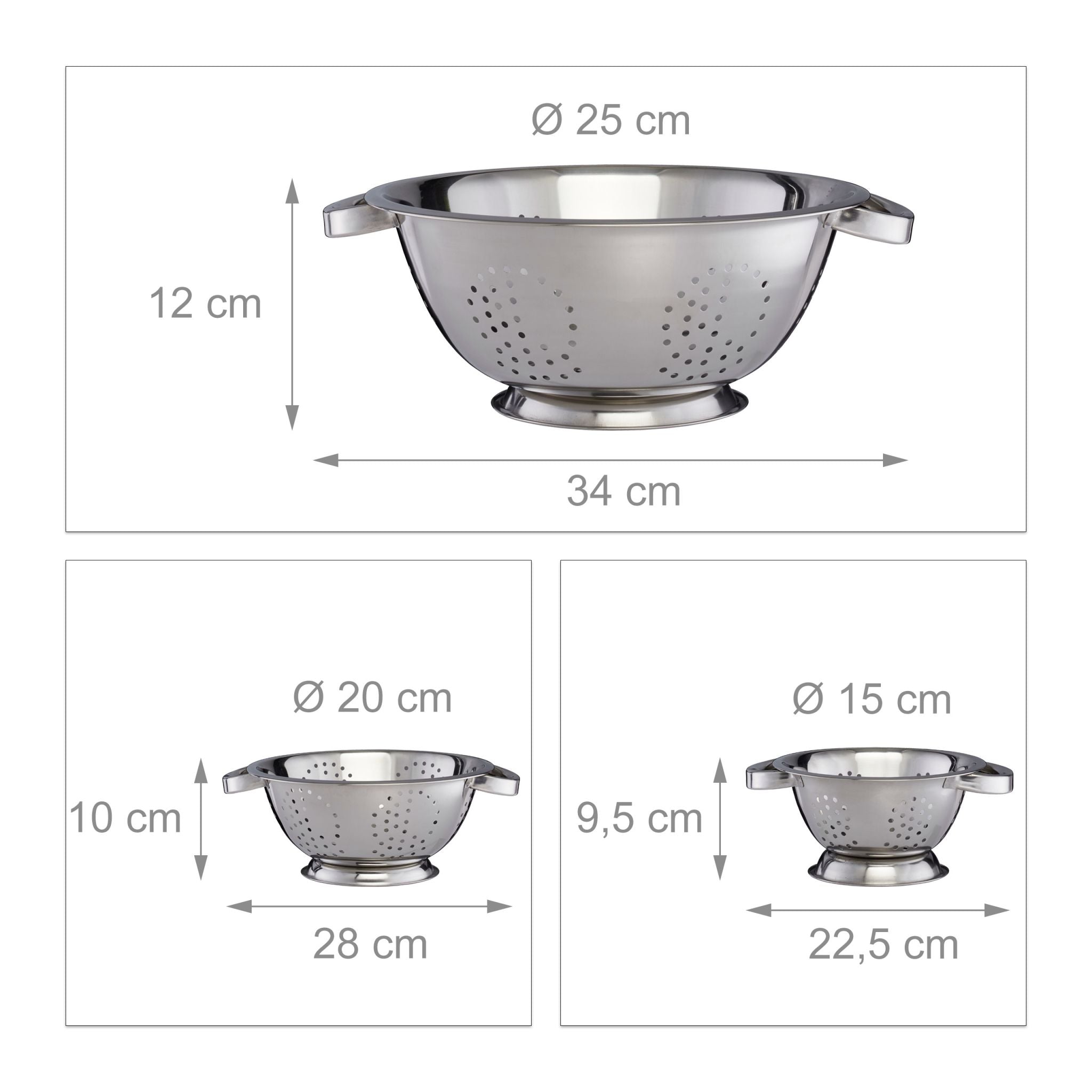 Küchensieb 3er-Set Silber von Relaxdays