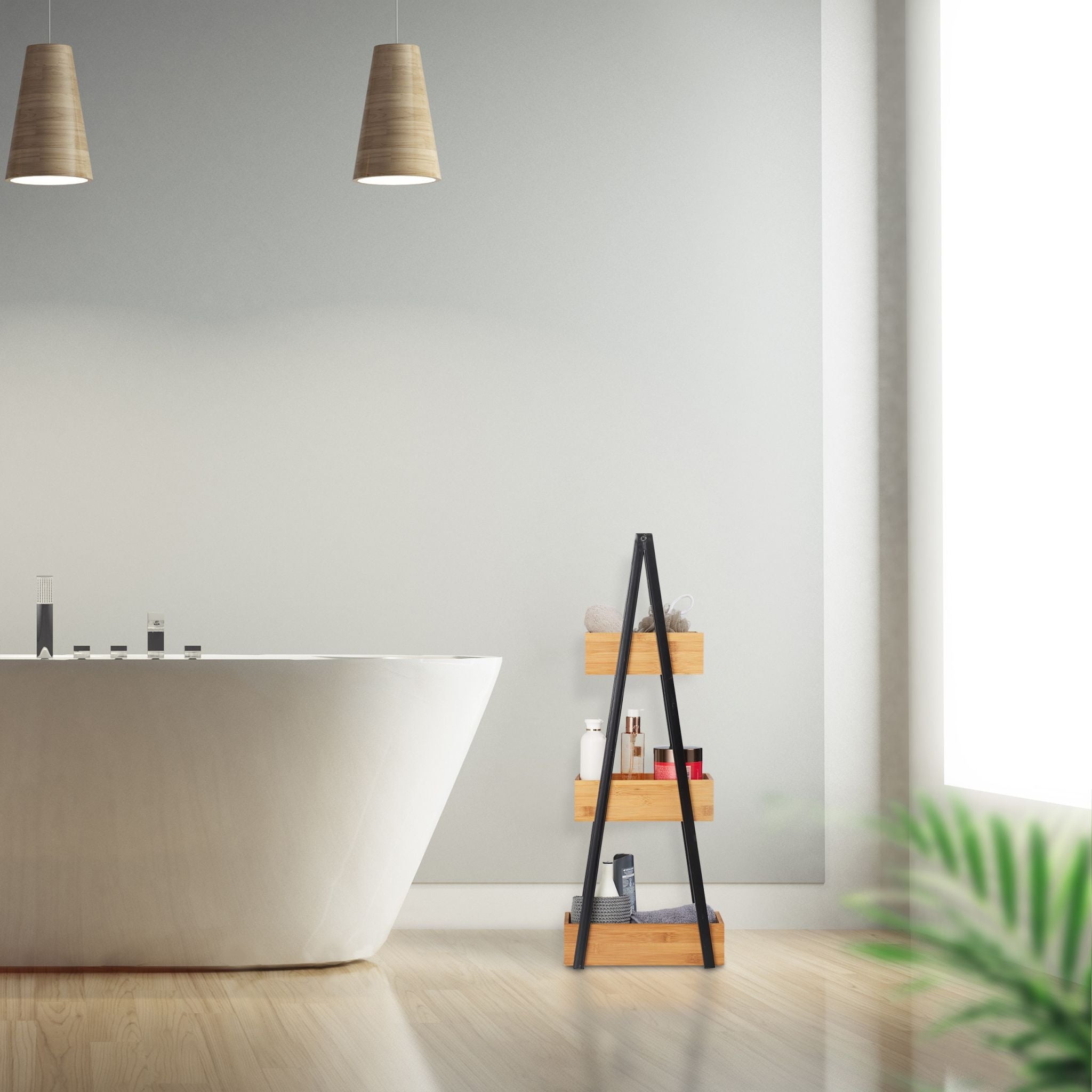Badregal Bambus 3 Ablagen Hellbraun-Schwarz von Relaxdays