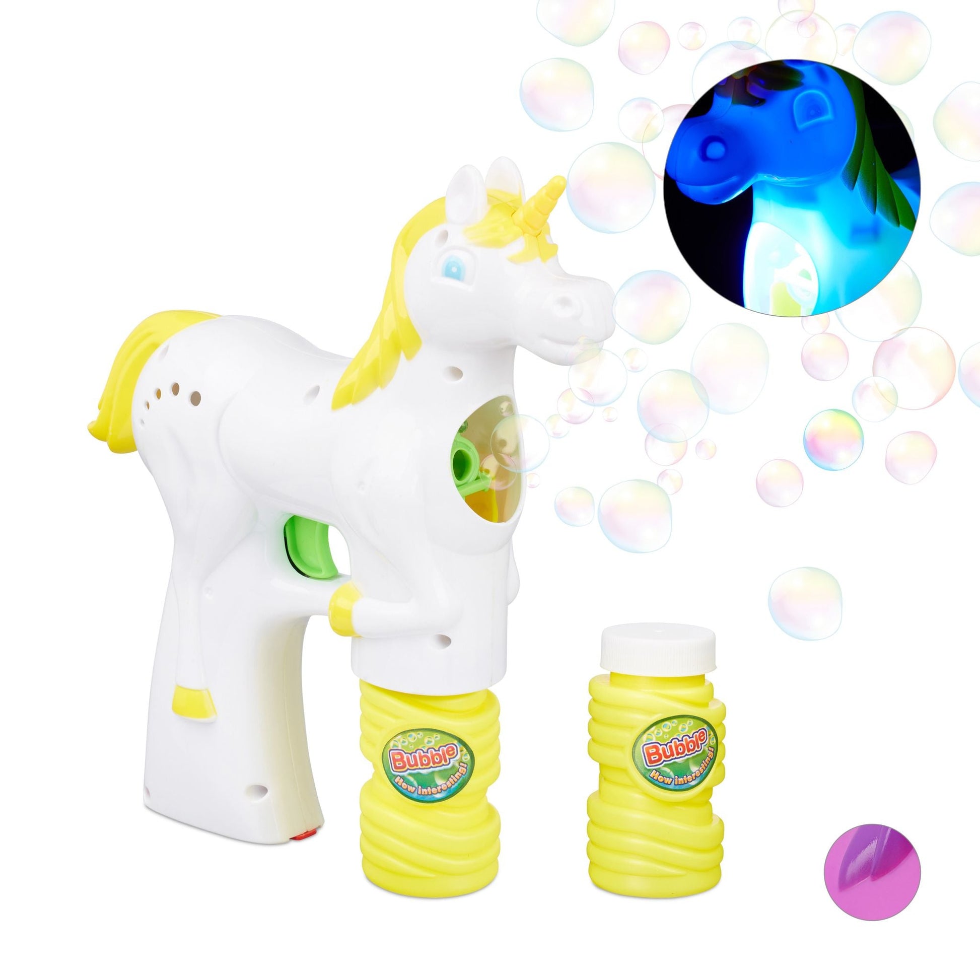 Einhorn Seifenblasenpistole Weiss-Gelb-Grün von Relaxdays