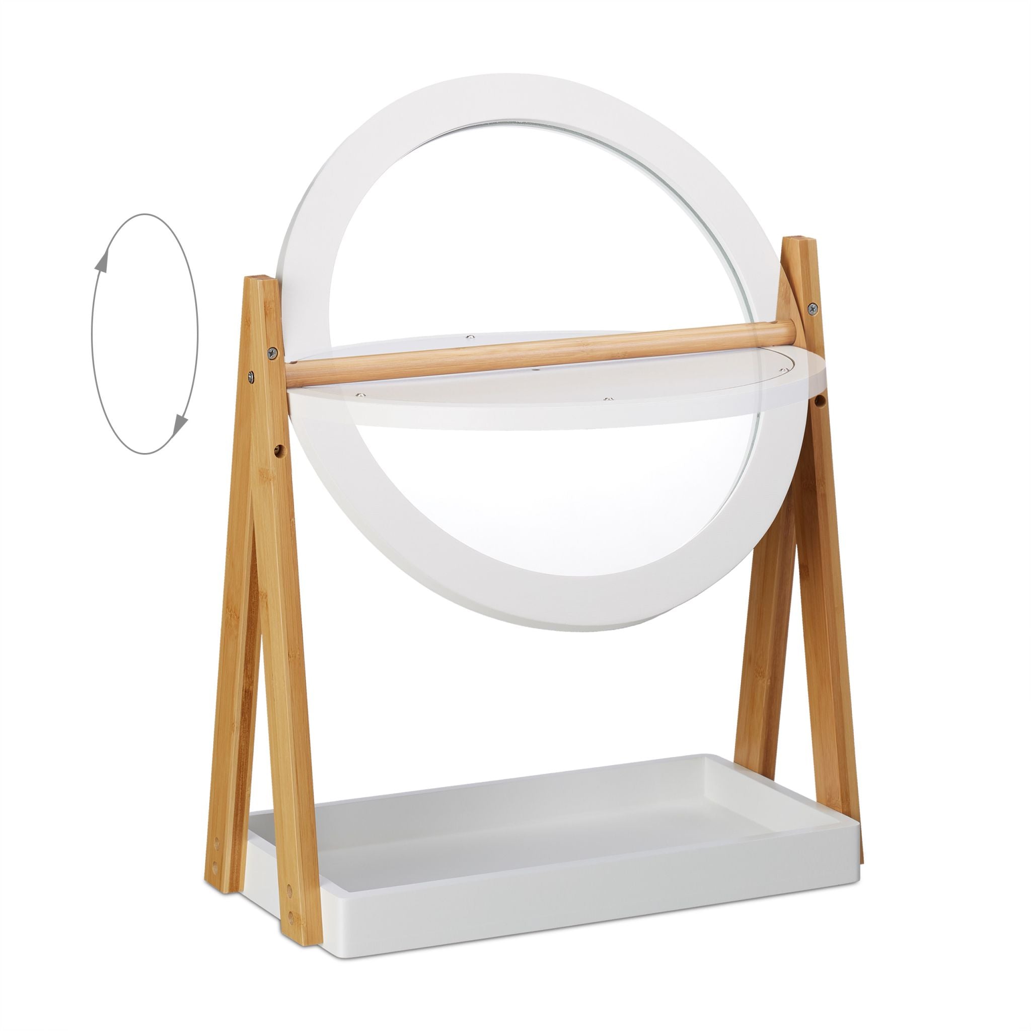 Kosmetikspiegel Bambus und MDF Weiss-Hellbraun-Silber von Relaxdays