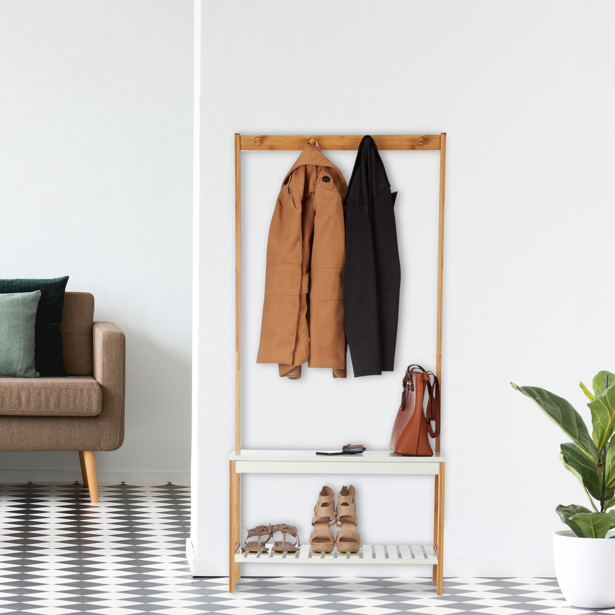 Garderobenständer mit Schuhregal Weiss-Hellbraun von Relaxdays