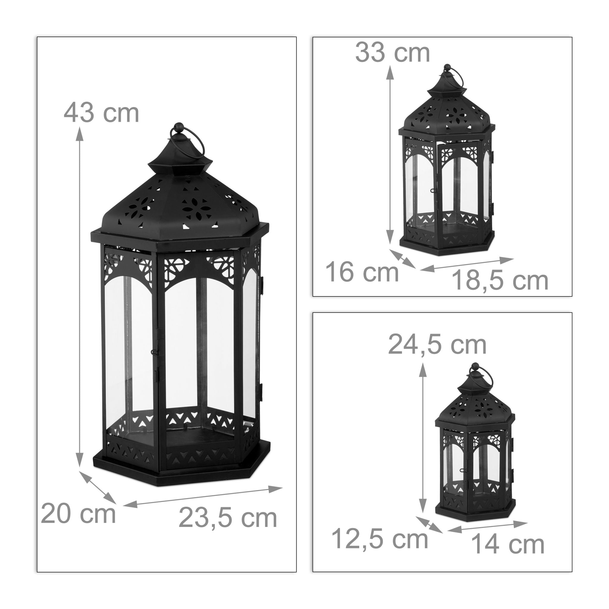 Laternen Metall 3er-Set Schwarz-Transparent von Relaxdays