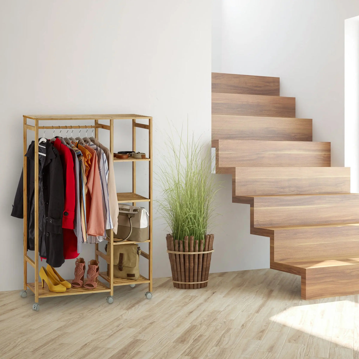 Rollgarderobe Bambus Hellbraun-Grau von Relaxdays