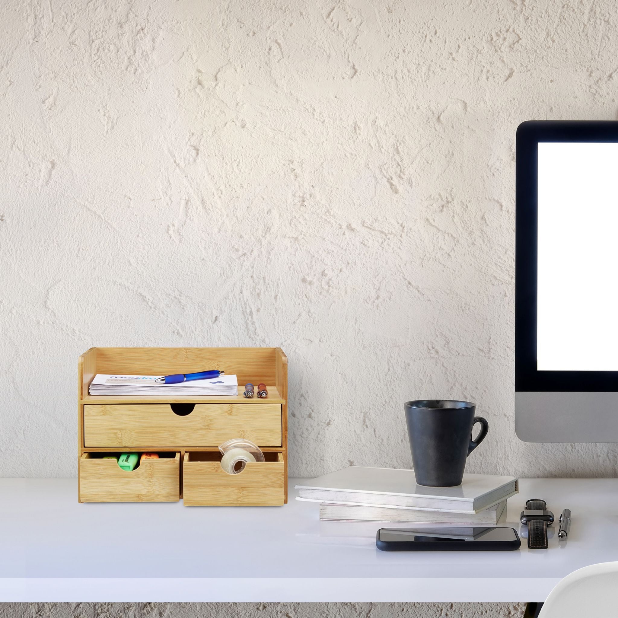 Schreibtisch Organizer Schubladen Bambus Hellbraun von Relaxdays