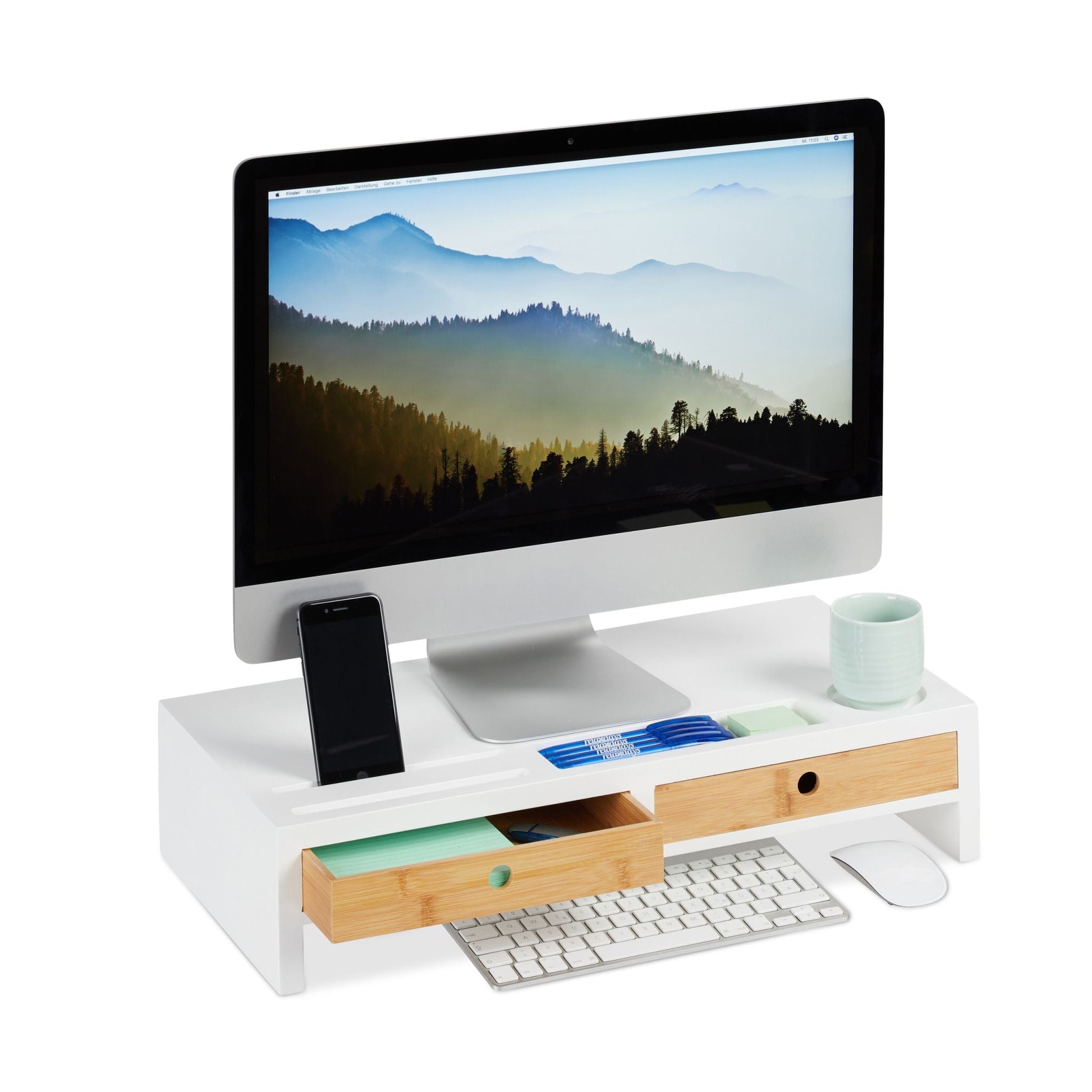 Monitorständer Weiss mit Schubladen Weiss-Hellbraun von Relaxdays