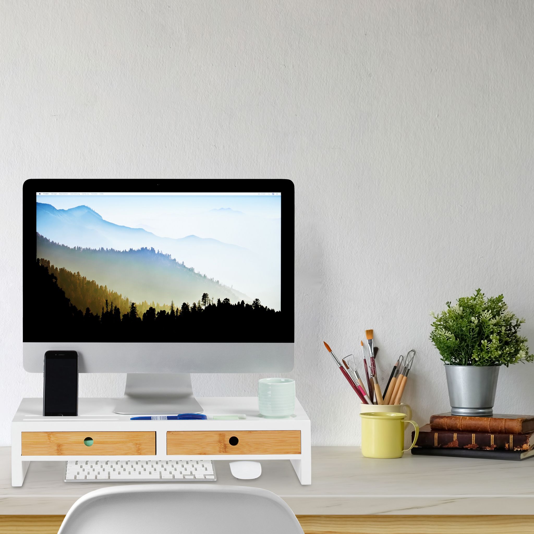 Monitorständer Weiss mit Schubladen Weiss-Hellbraun von Relaxdays