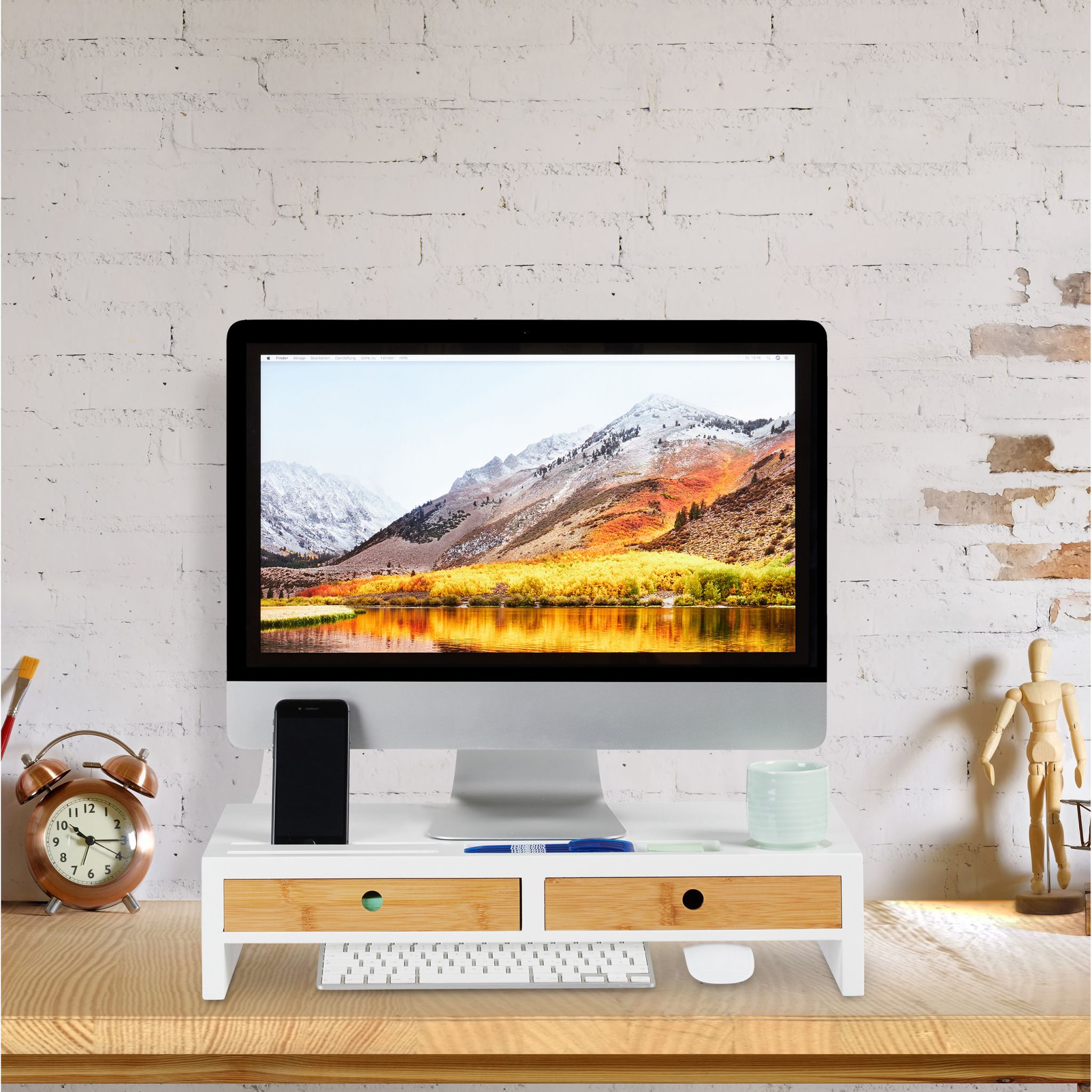 Monitorständer Weiss mit Schubladen Weiss-Hellbraun von Relaxdays