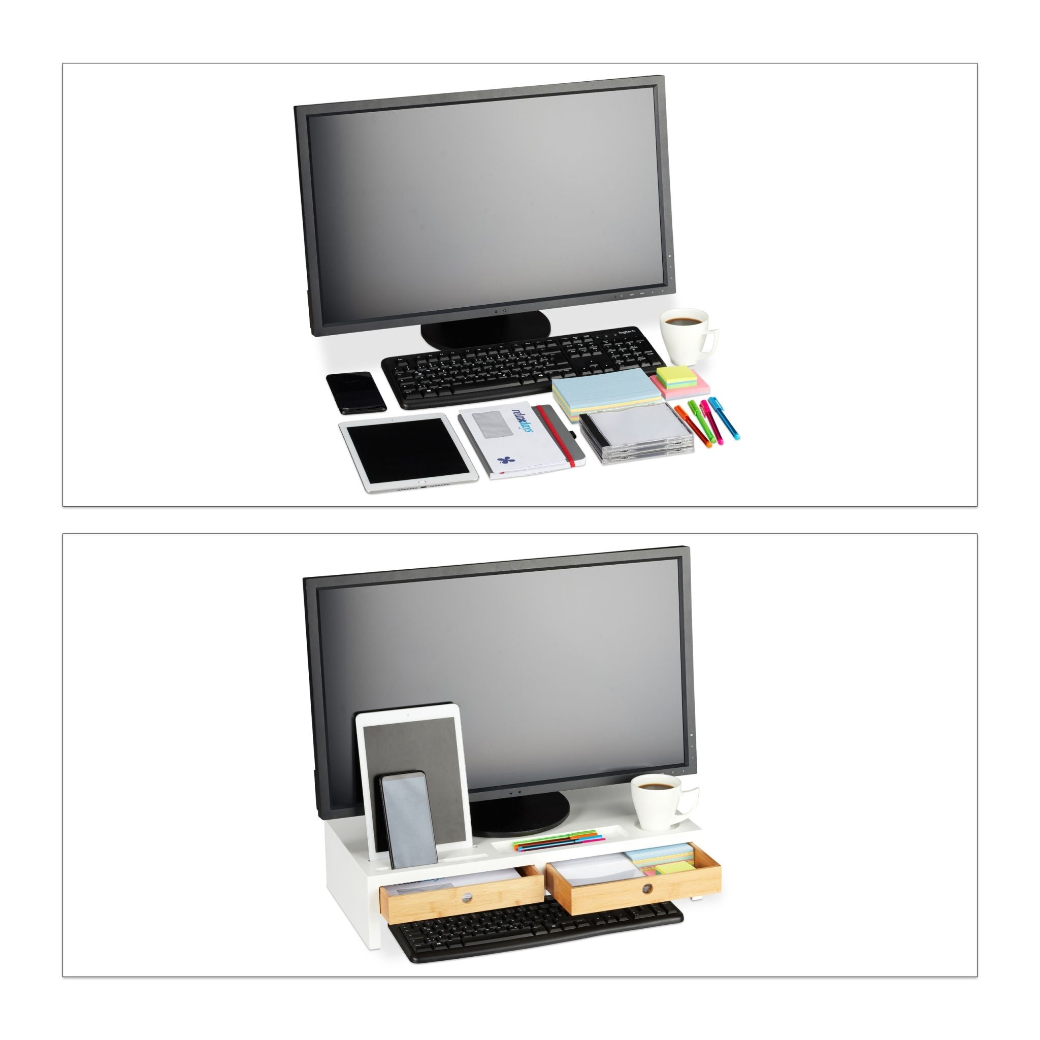 Monitorständer Weiss mit Schubladen Weiss-Hellbraun von Relaxdays