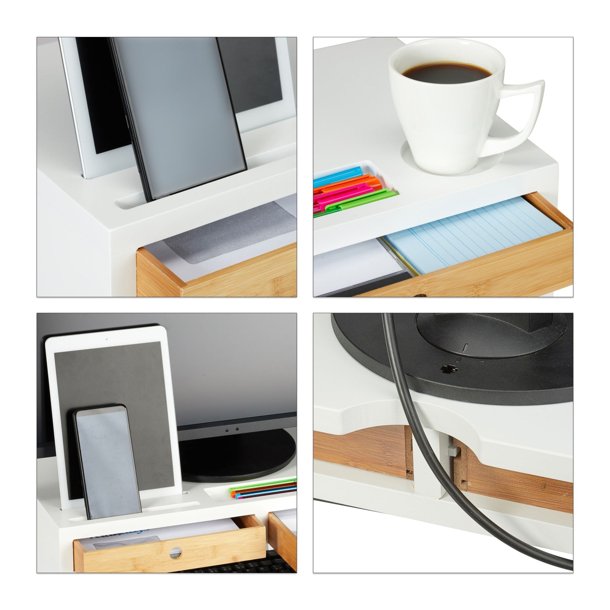 Monitorständer Weiss mit Schubladen Weiss-Hellbraun von Relaxdays