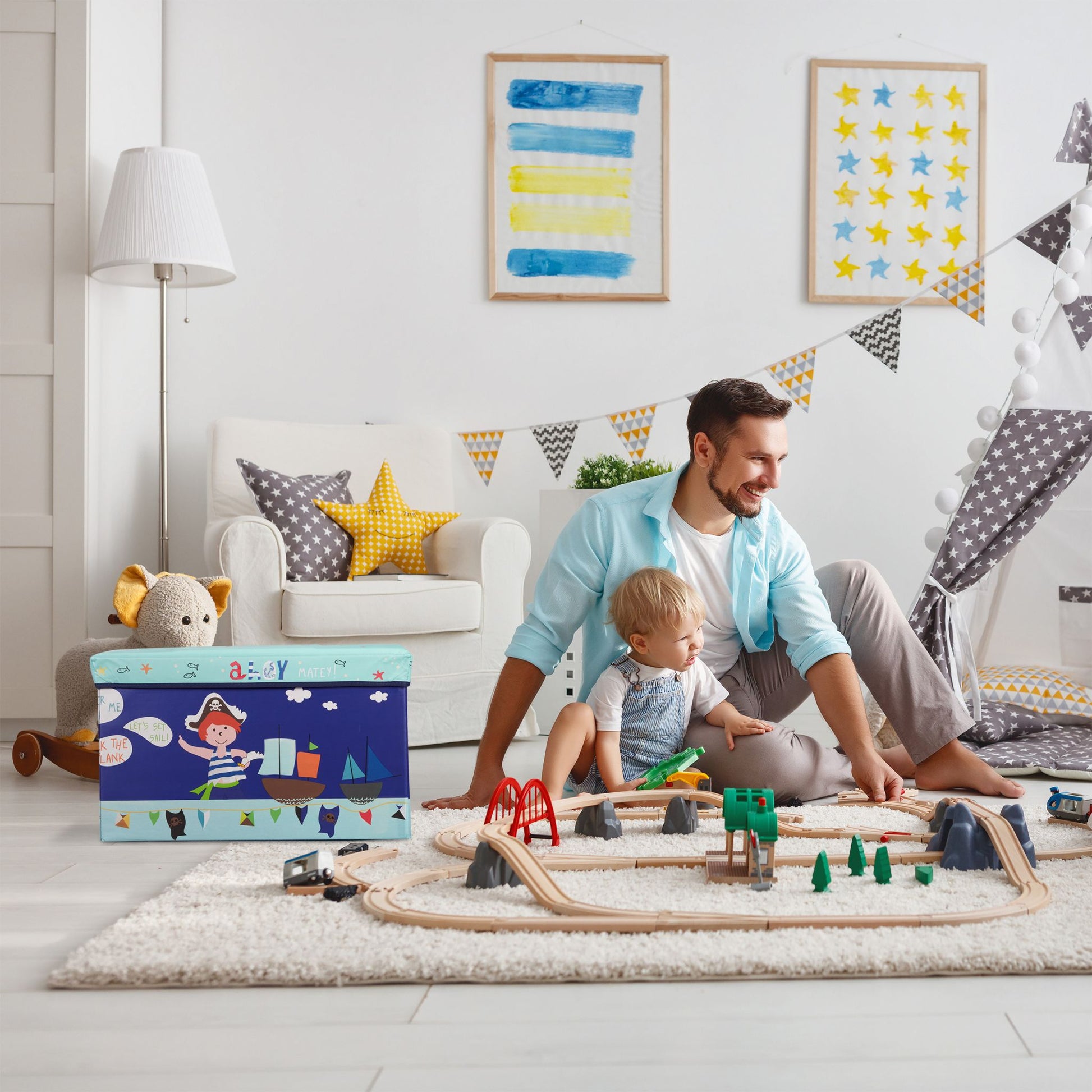 Sitzbox für Kinder Dunkelblau-Gelb-Hellblau von Relaxdays