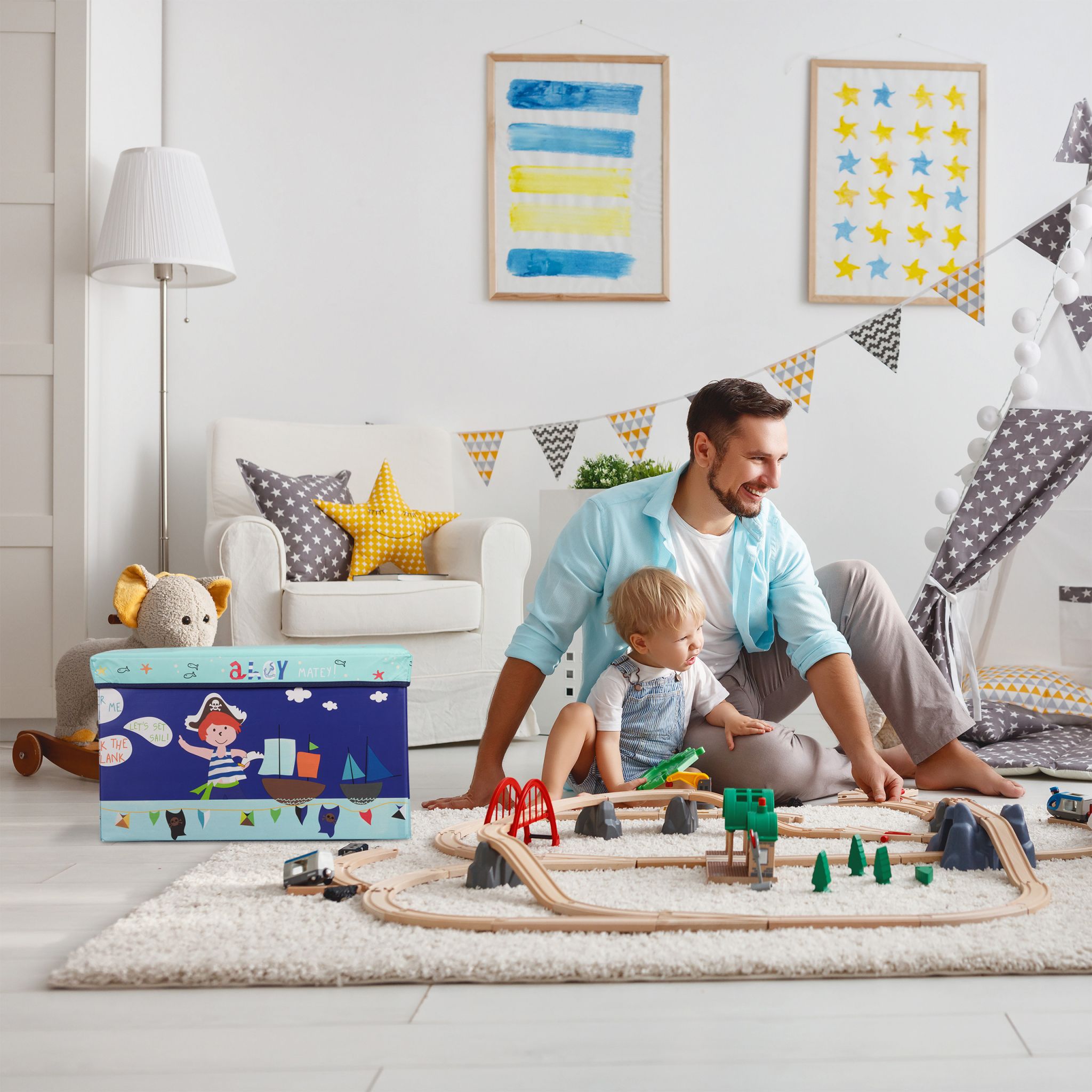 Sitzbox für Kinder Dunkelblau-Gelb-Hellblau von Relaxdays