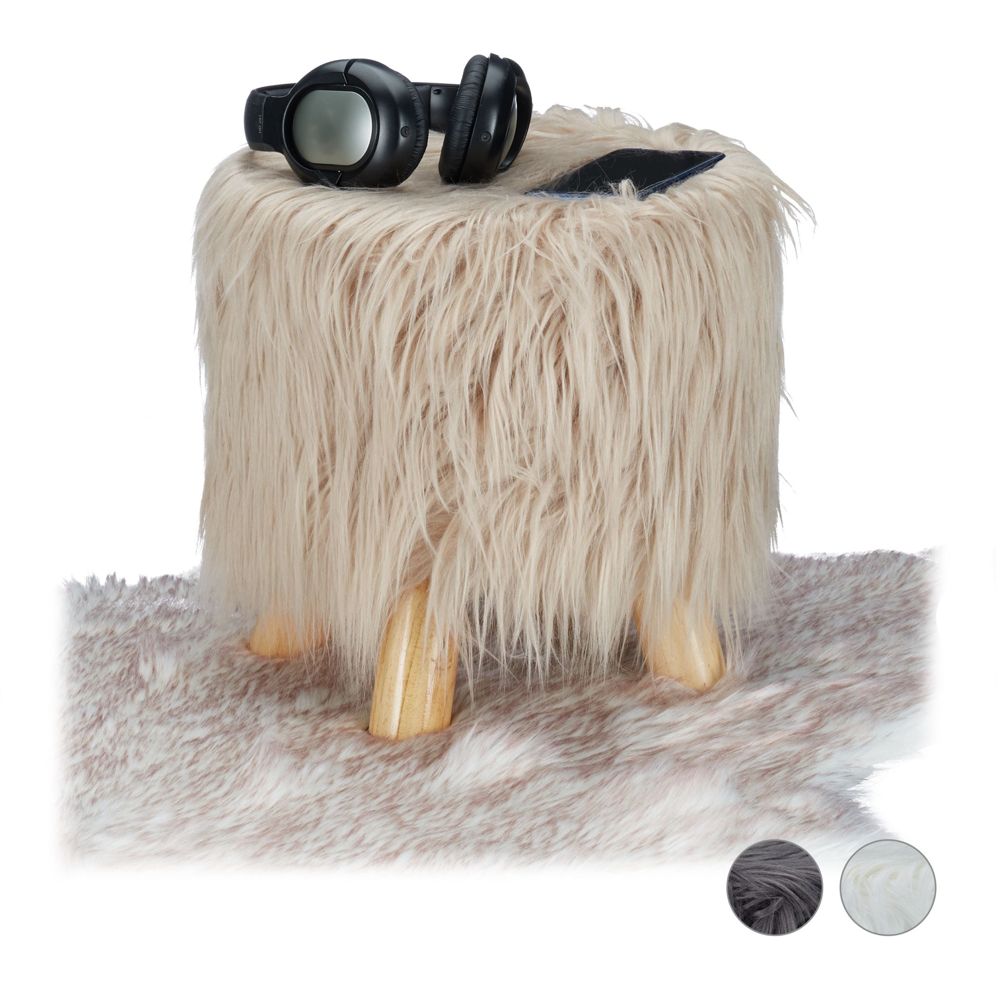 Fell Hocker Beige-Hellbraun von Relaxdays