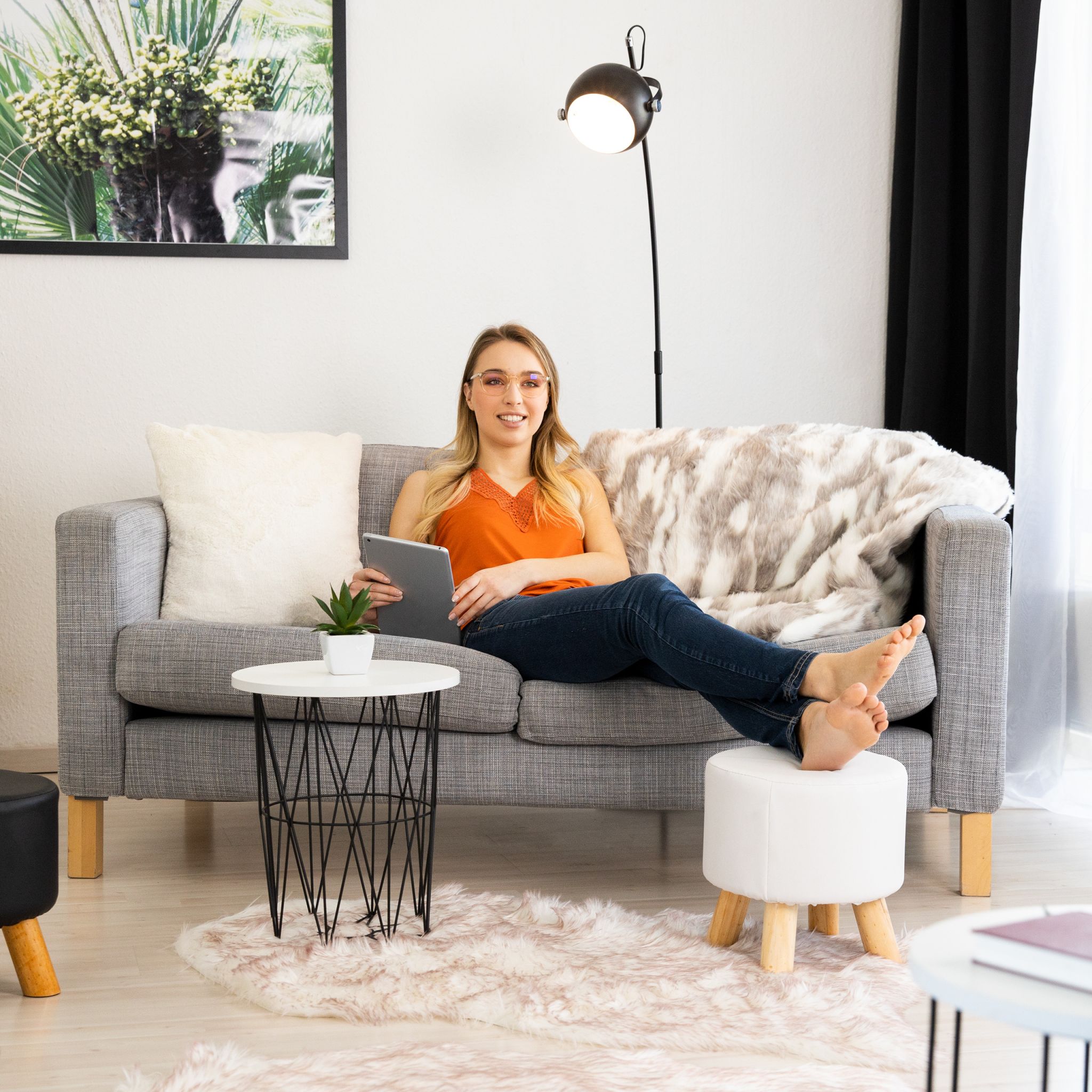 Hocker Kunstleder Weiss-Hellbraun von Relaxdays