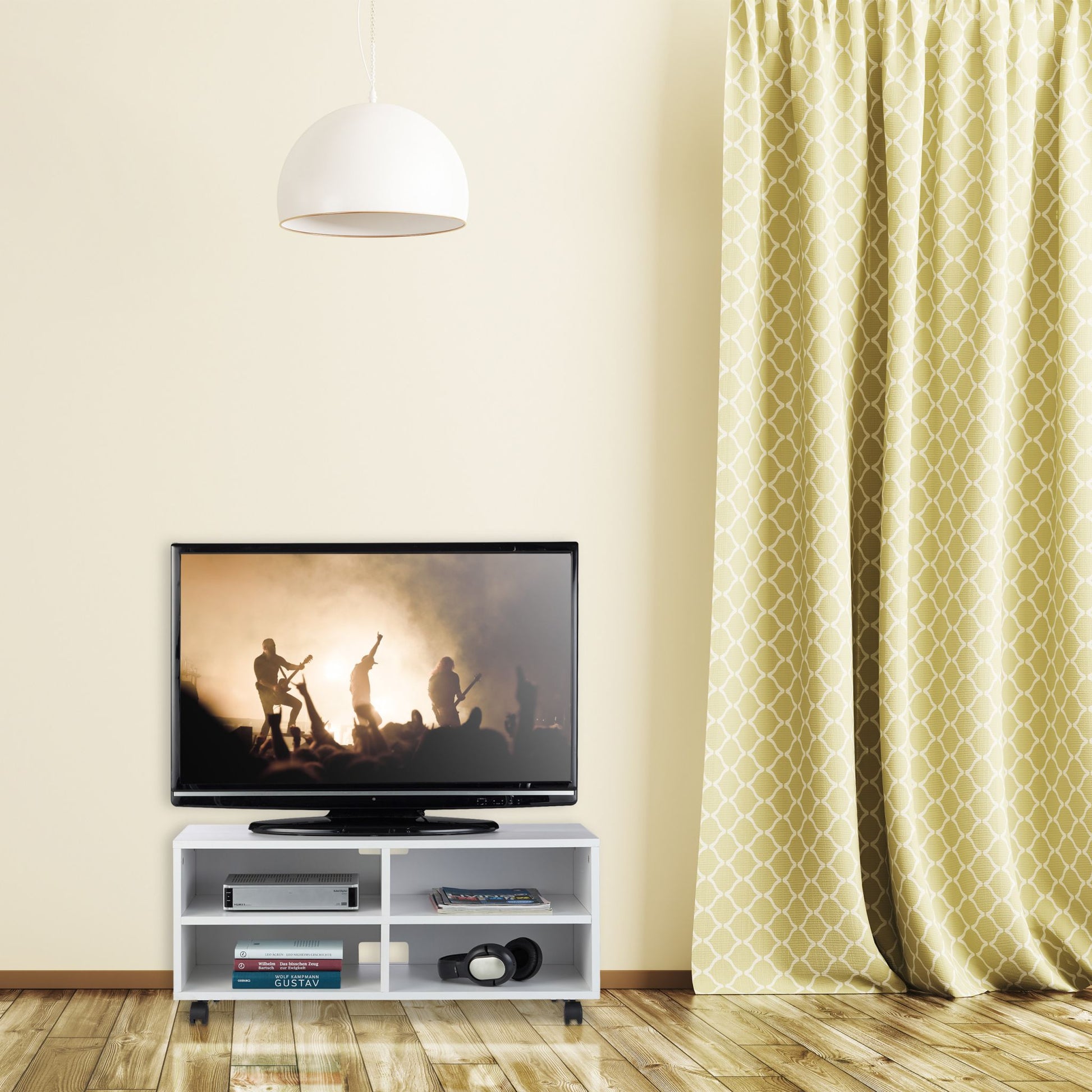 TV Board mit 4 Fächern rollbar Weiss von Relaxdays