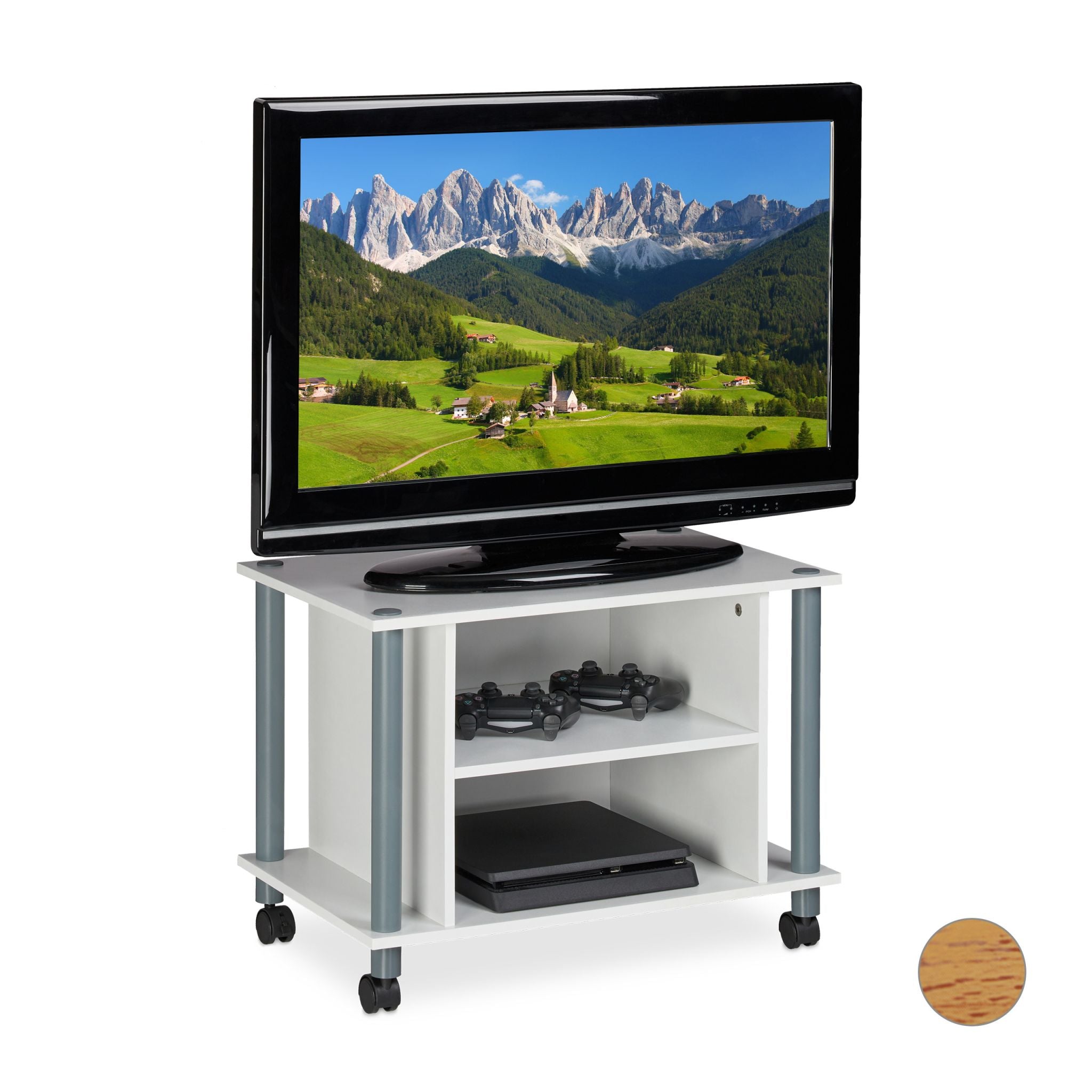 TV Tisch mit Rollen und 2 Fächern Weiss-Grau von Relaxdays