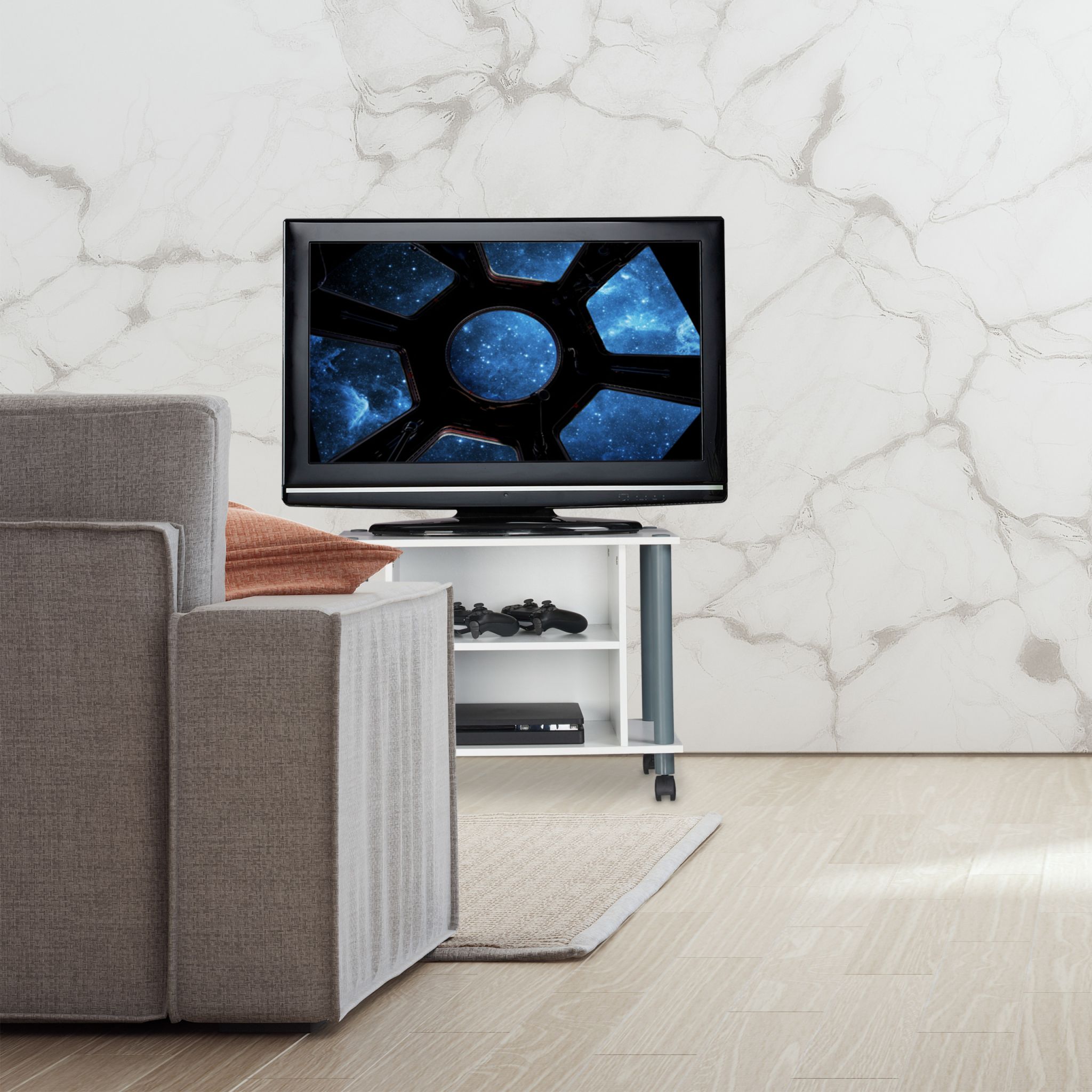 TV Tisch mit Rollen und 2 Fächern Weiss-Grau von Relaxdays